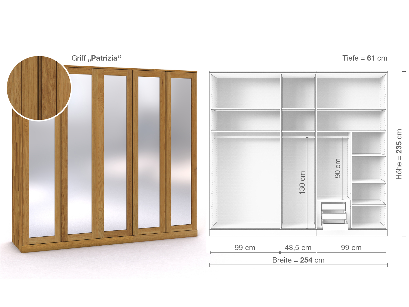 Eichenschrank „Alpenrose“, 5-türig, Höhe 235 cm, Griffausführung „Patrizia“, Inneneinrichtung D