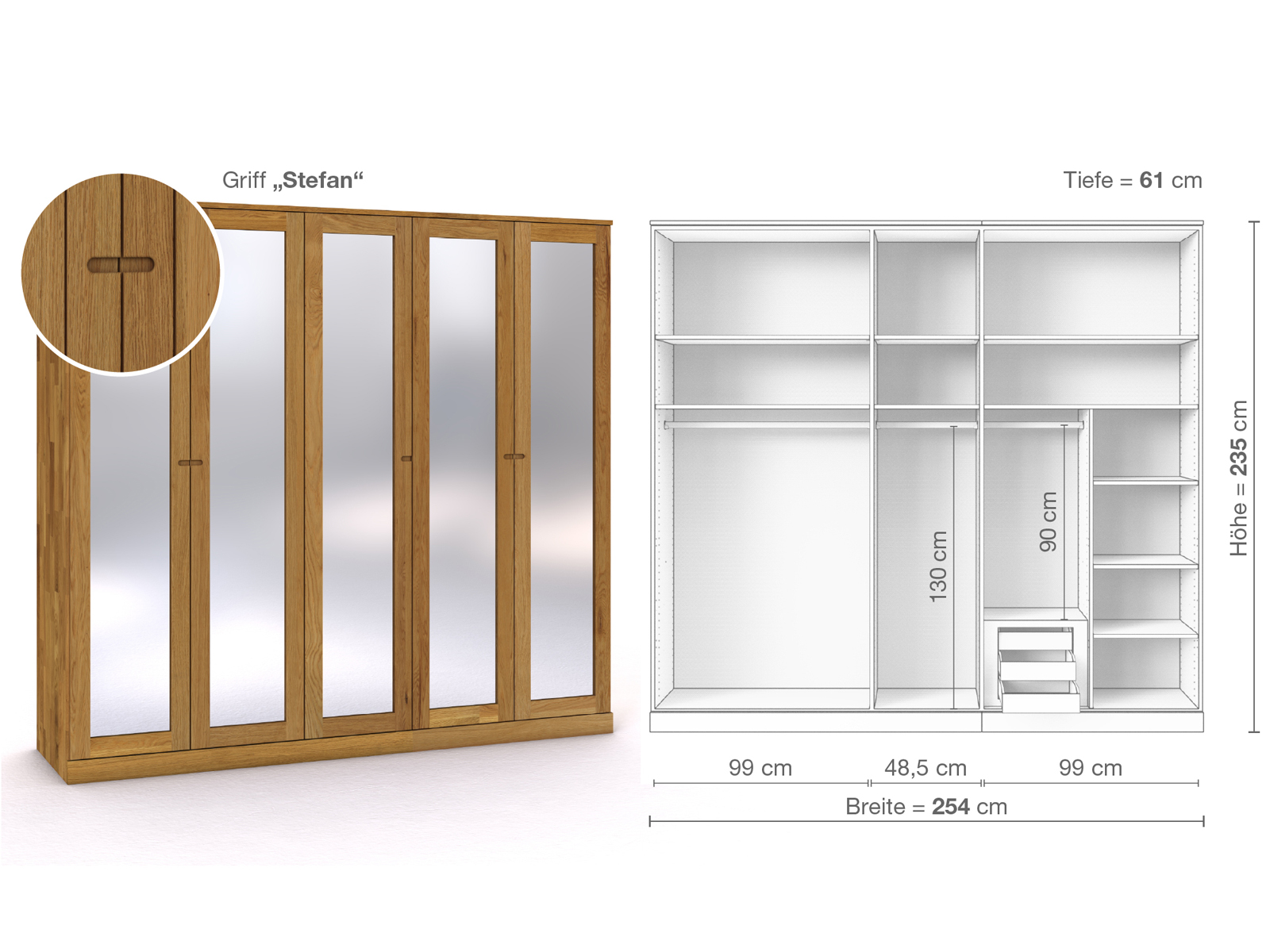 Eichenschrank „Alpenrose“, 5-türig, Höhe 235 cm, Griffausführung „Stefan“, Inneneinrichtung D