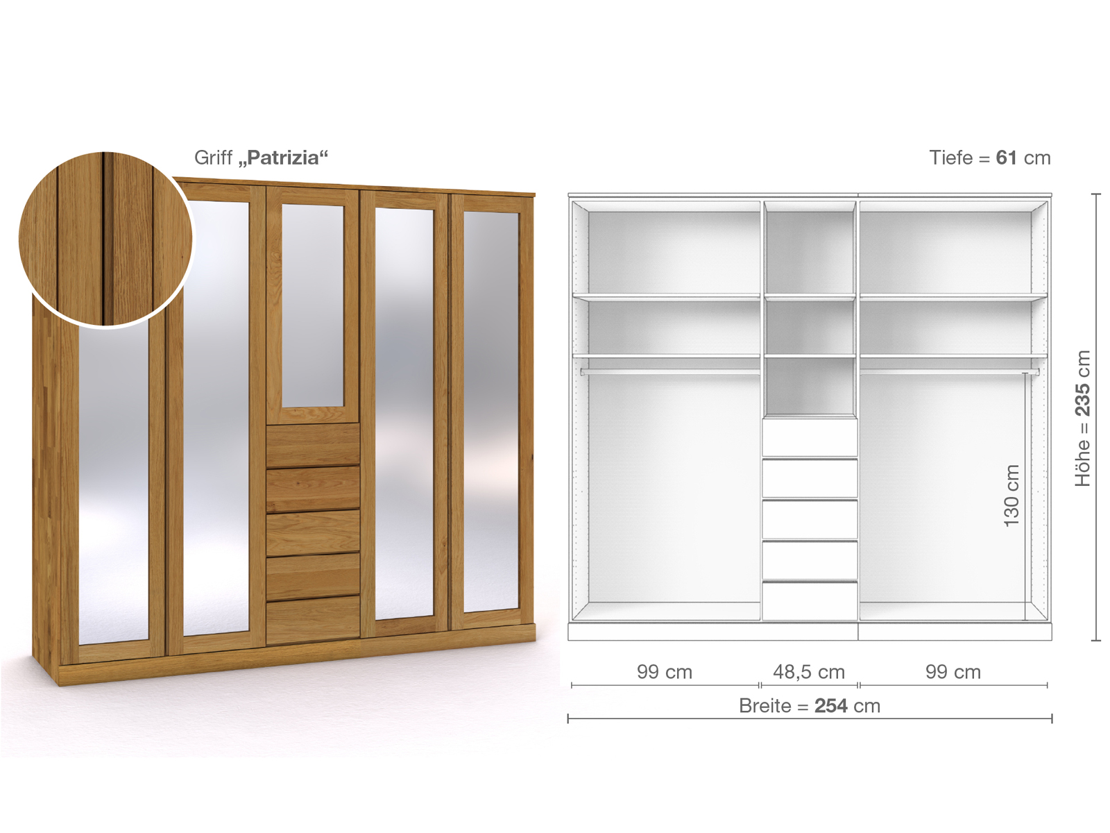 Eichenschrank „Alpenrose“, 5-türig, Höhe 235 cm, Griffausführung „Patrizia“, Inneneinrichtung E