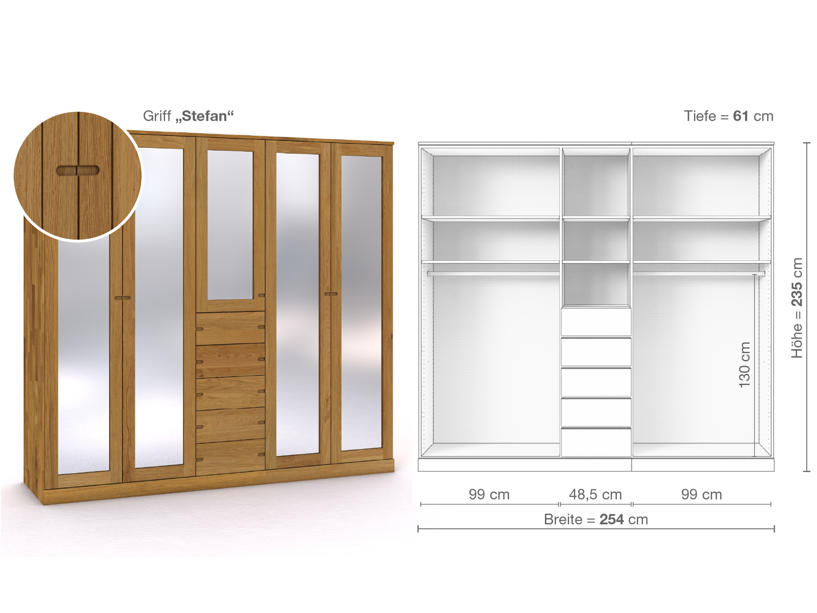 Eichenschrank „Alpenrose“, 5-türig, Höhe 235 cm, Griffausführung „Stefan“, Inneneinrichtung E