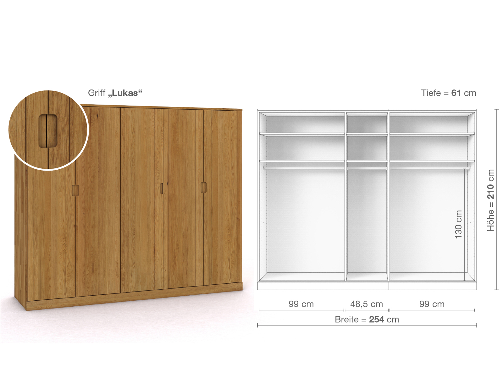 Eichenschrank „Arnika“, 5-türig, Höhe 210 cm, Griffausführung „Lukas“, Inneneinrichtung A