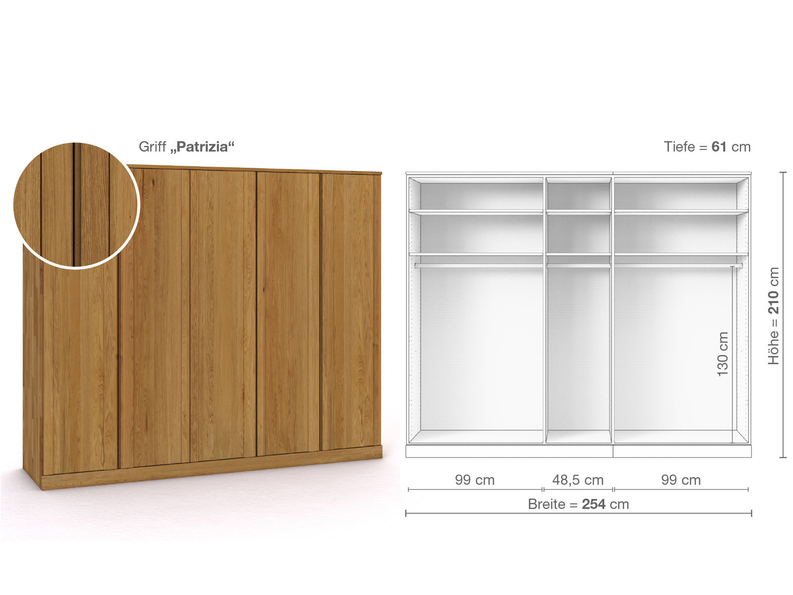 Eichenschrank „Arnika“, 5-türig, Höhe 210 cm, Griffausführung „Patrizia“, Inneneinrichtung A