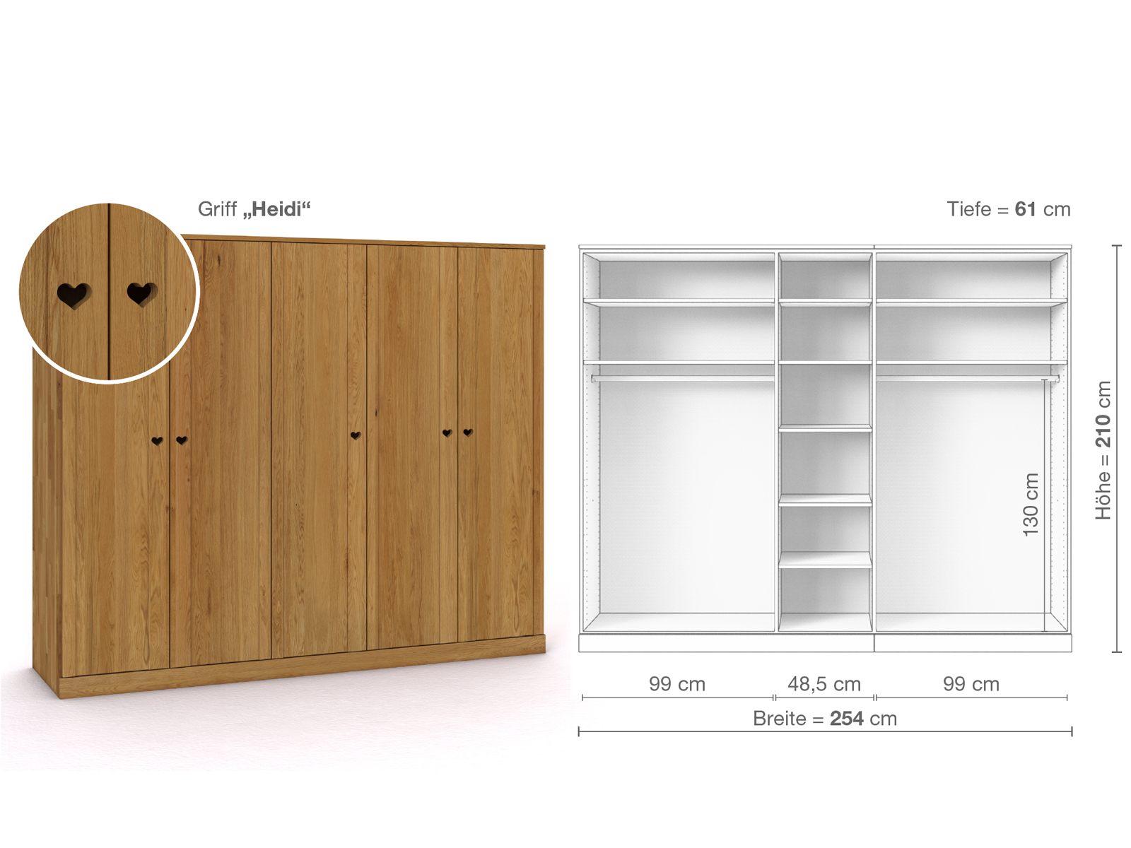 Eichenschrank „Arnika“, 5-türig, Höhe 210 cm, Griffausführung „Heidi“, Inneneinrichtung B