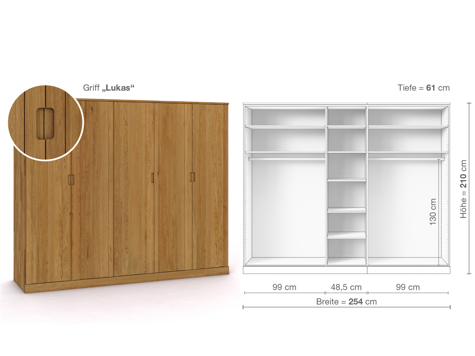 Eichenschrank „Arnika“, 5-türig, Höhe 210 cm, Griffausführung „Lukas“, Inneneinrichtung B