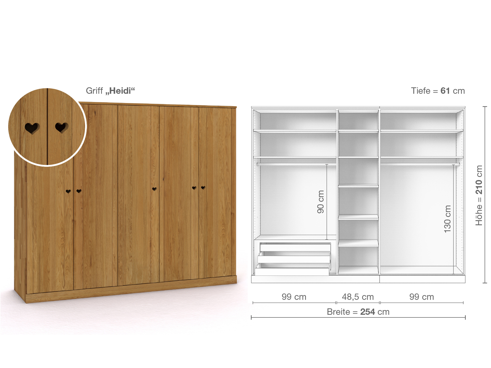 Eichenschrank „Arnika“, 5-türig, Höhe 210 cm, Griffausführung „Heidi“, Inneneinrichtung C