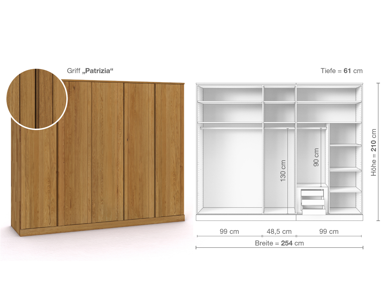 Eichenschrank „Arnika“, 5-türig, Höhe 210 cm, Griffausführung „Patrizia“, Inneneinrichtung D