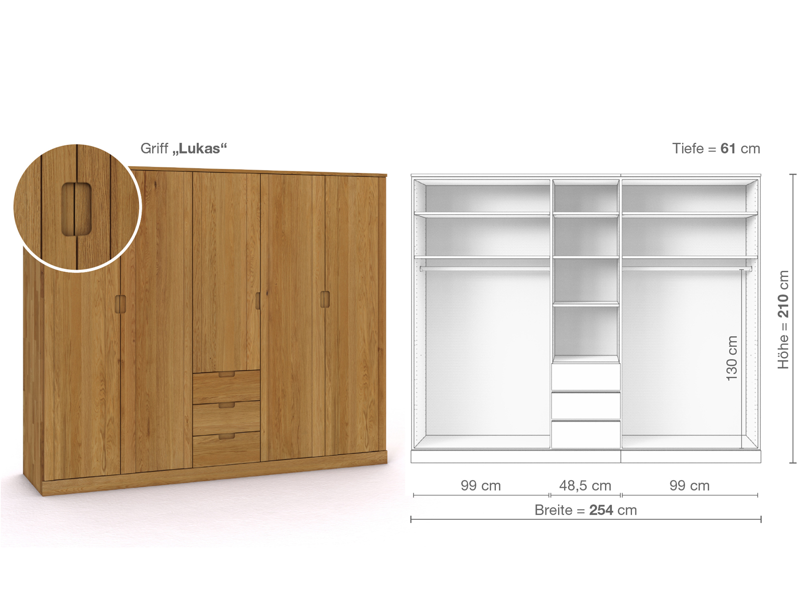 Eichenschrank „Arnika“, 5-türig, Höhe 210 cm, Griffausführung „Lukas“, Inneneinrichtung E