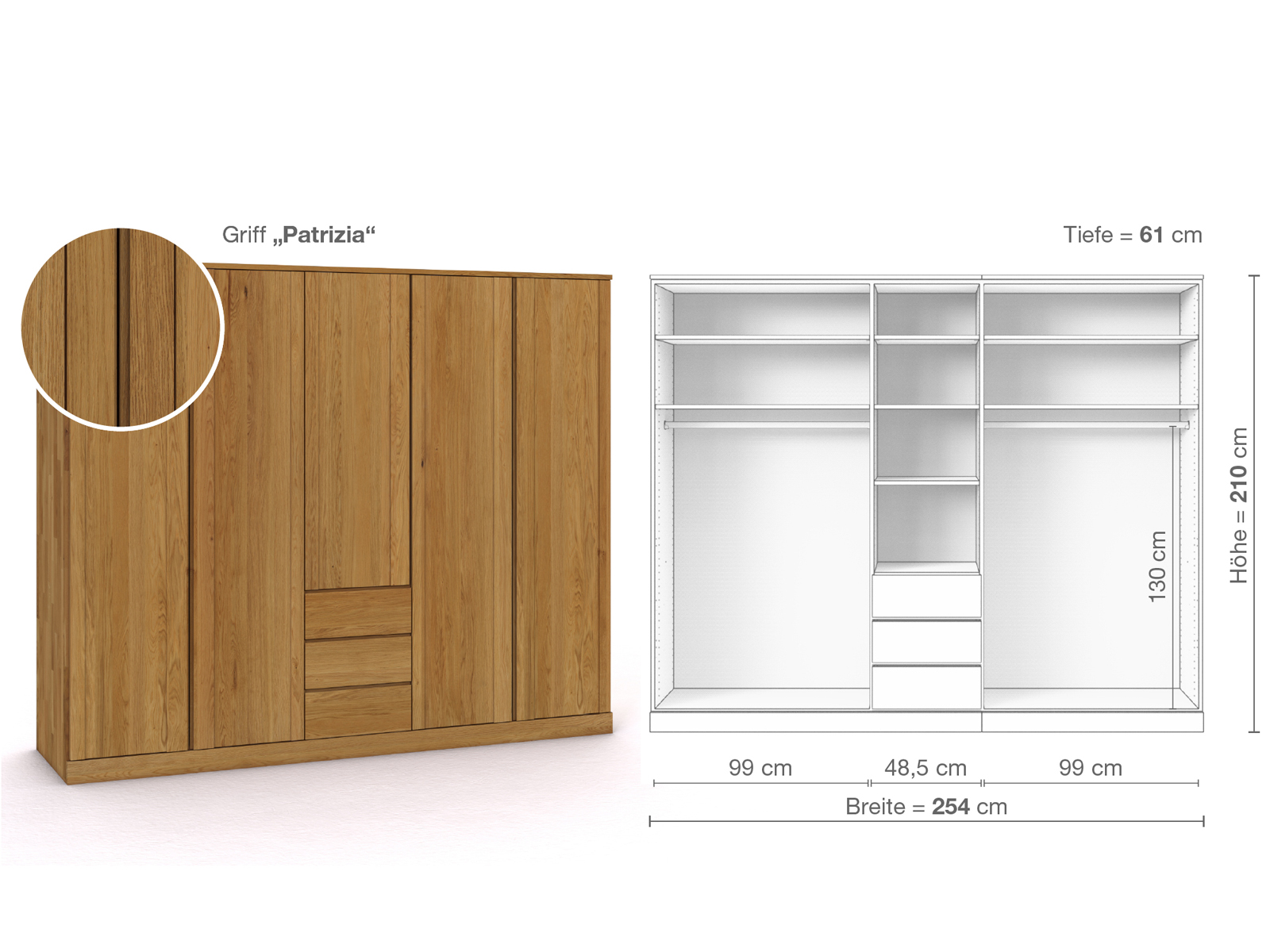 Eichenschrank „Arnika“, 5-türig, Höhe 210 cm, Griffausführung „Patrizia“, Inneneinrichtung E