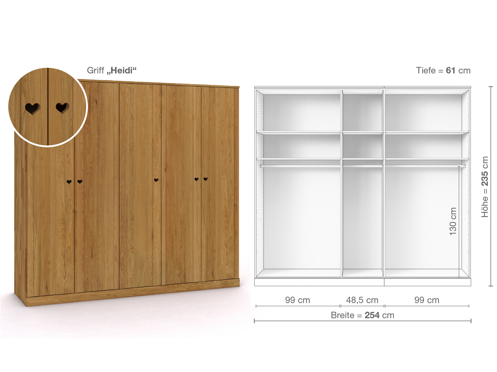 Eichenschrank „Arnika“, 5-türig, Höhe 235 cm, Griffausführung „Heidi“, Inneneinrichtung A