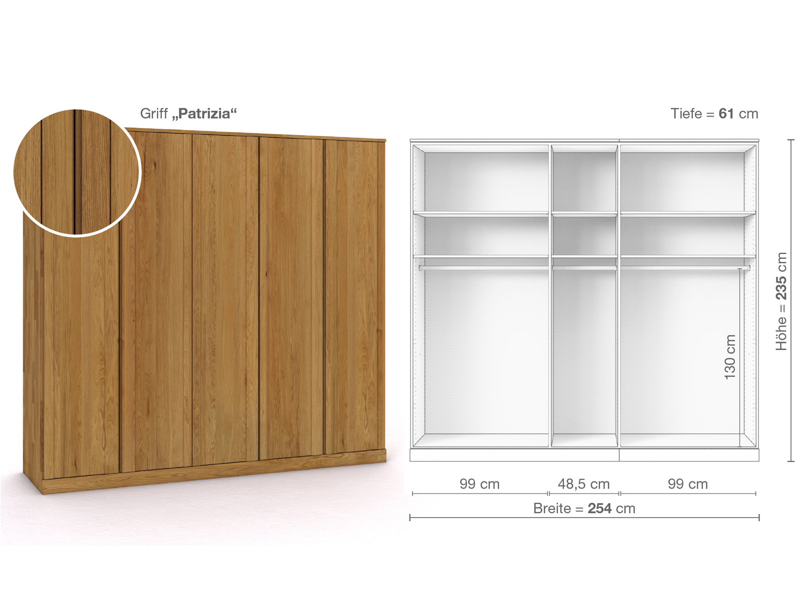 Eichenschrank „Arnika“, 5-türig, Höhe 235 cm, Griffausführung „Patrizia“, Inneneinrichtung A