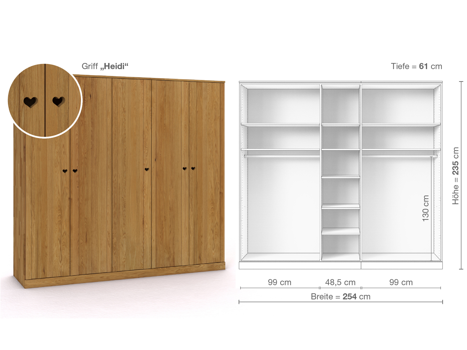 Eichenschrank „Arnika“, 5-türig, Höhe 235 cm, Griffausführung „Heidi“, Inneneinrichtung B