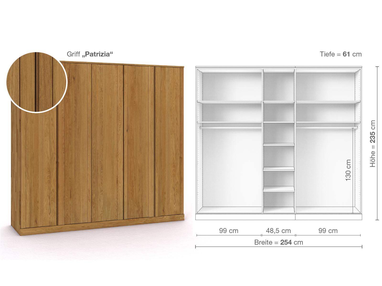 Eichenschrank „Arnika“, 5-türig, Höhe 235 cm, Griffausführung „Patrizia“, Inneneinrichtung B