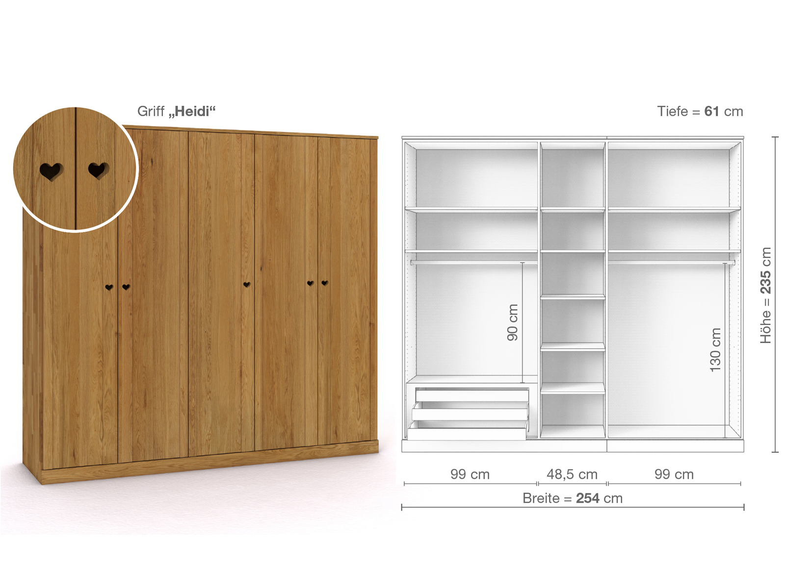 Eichenschrank „Arnika“, 5-türig, Höhe 235 cm, Griffausführung „Heidi“, Inneneinrichtung C