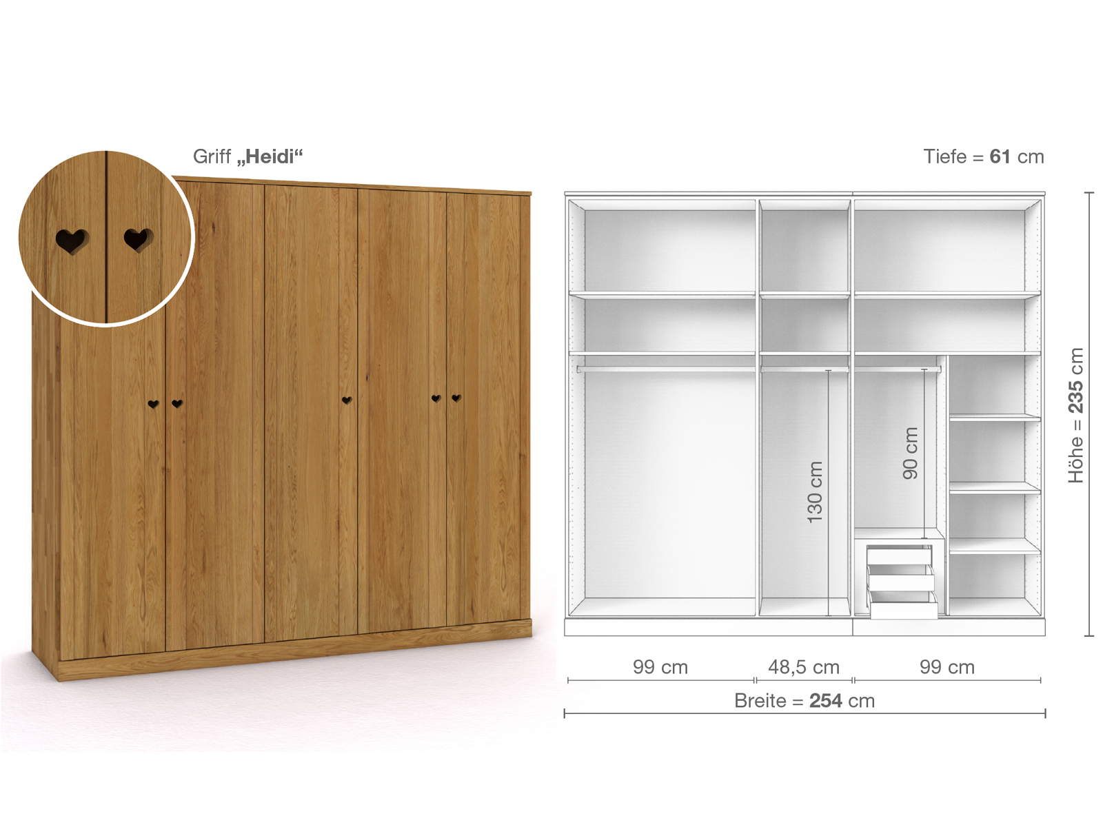 Eichenschrank „Arnika“, 5-türig, Höhe 235 cm, Griffausführung „Heidi“, Inneneinrichtung D