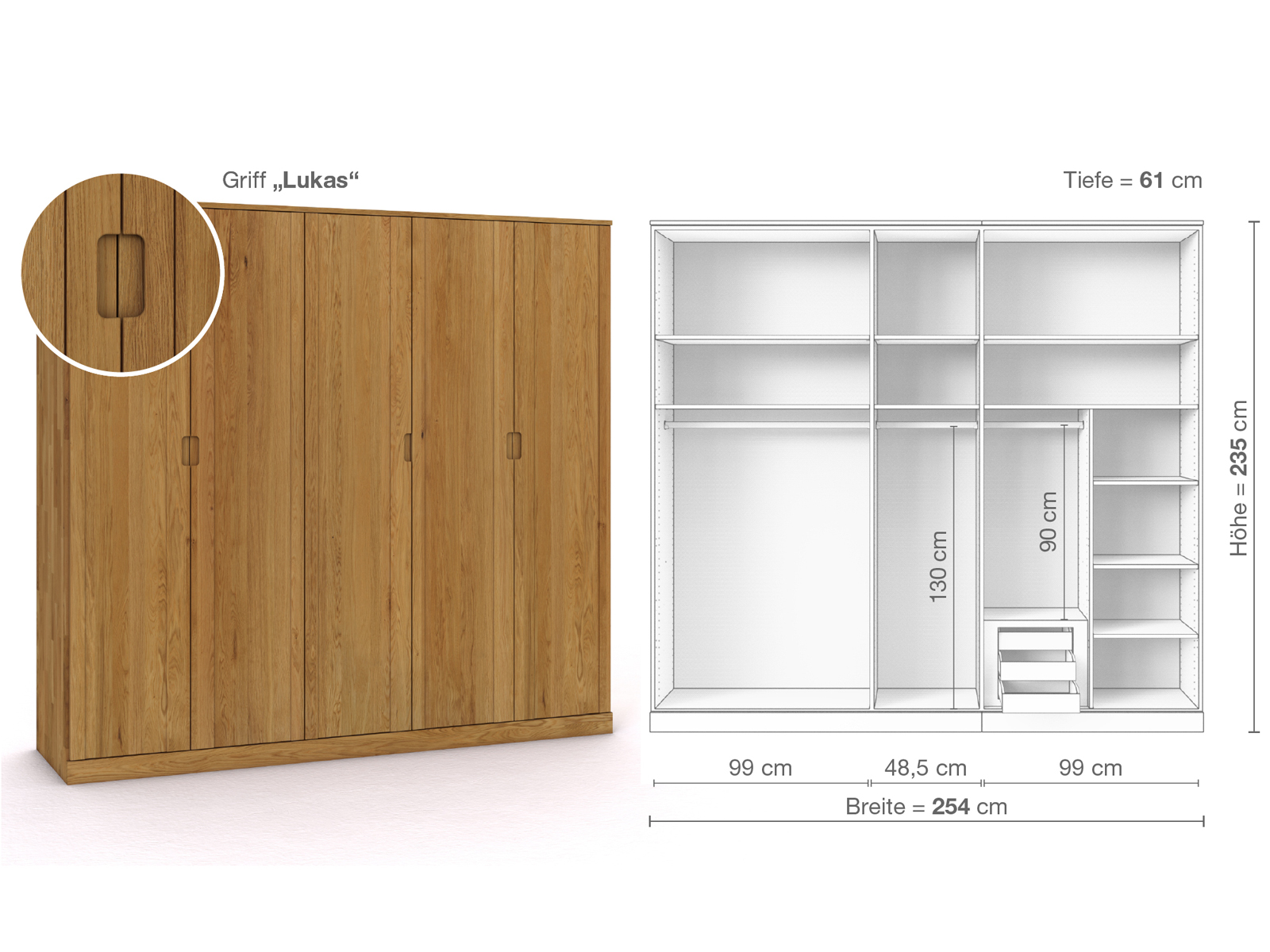 Eichenschrank „Arnika“, 5-türig, Höhe 235 cm, Griffausführung „Lukas“, Inneneinrichtung D