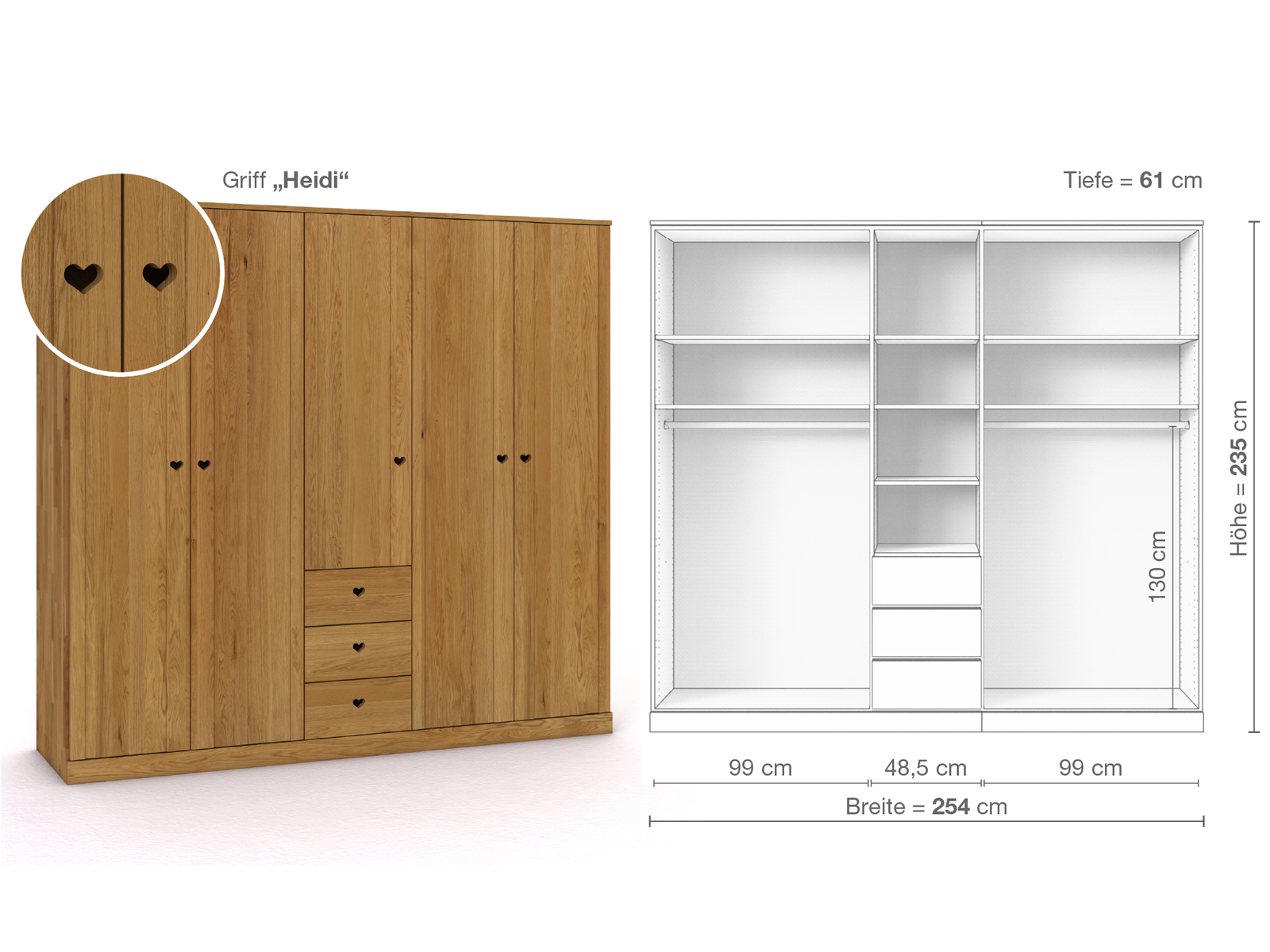 Eichenschrank „Arnika“, 5-türig, Höhe 235 cm, Griffausführung „Heidi“, Inneneinrichtung E