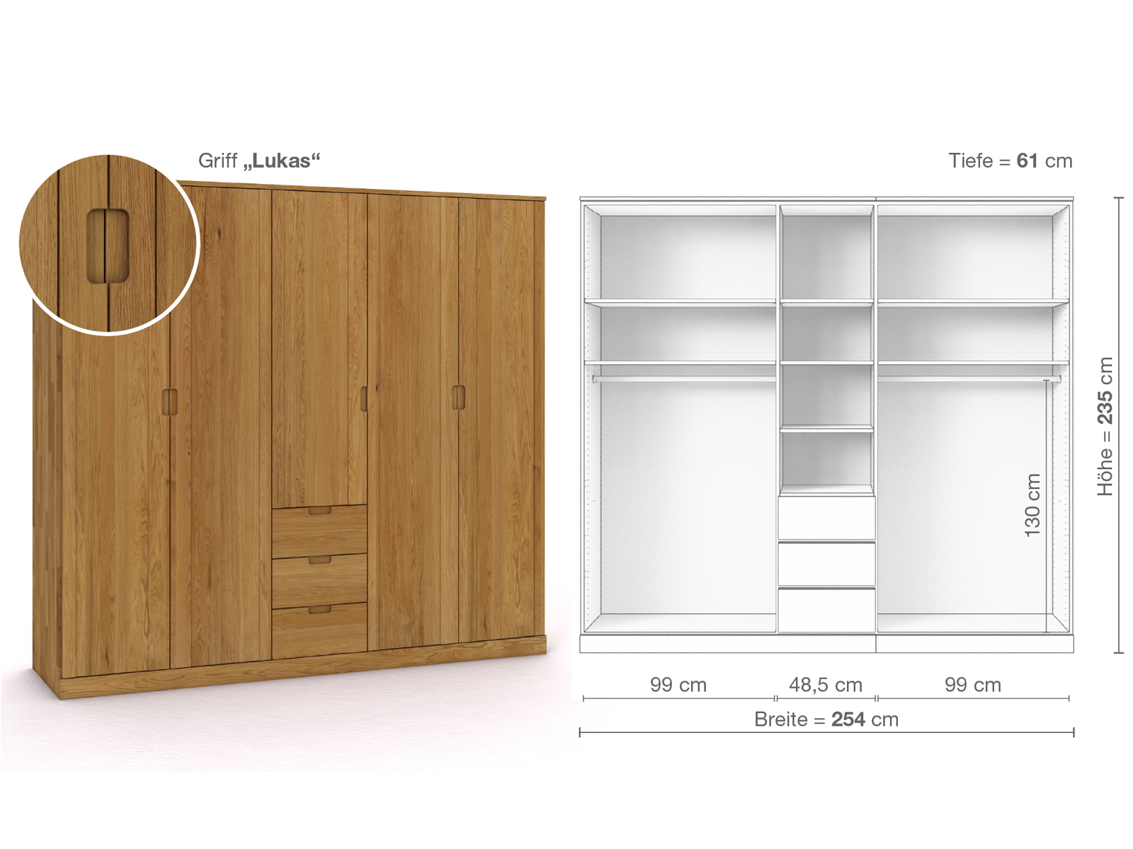 Eichenschrank „Arnika“, 5-türig, Höhe 235 cm, Griffausführung „Lukas“, Inneneinrichtung E