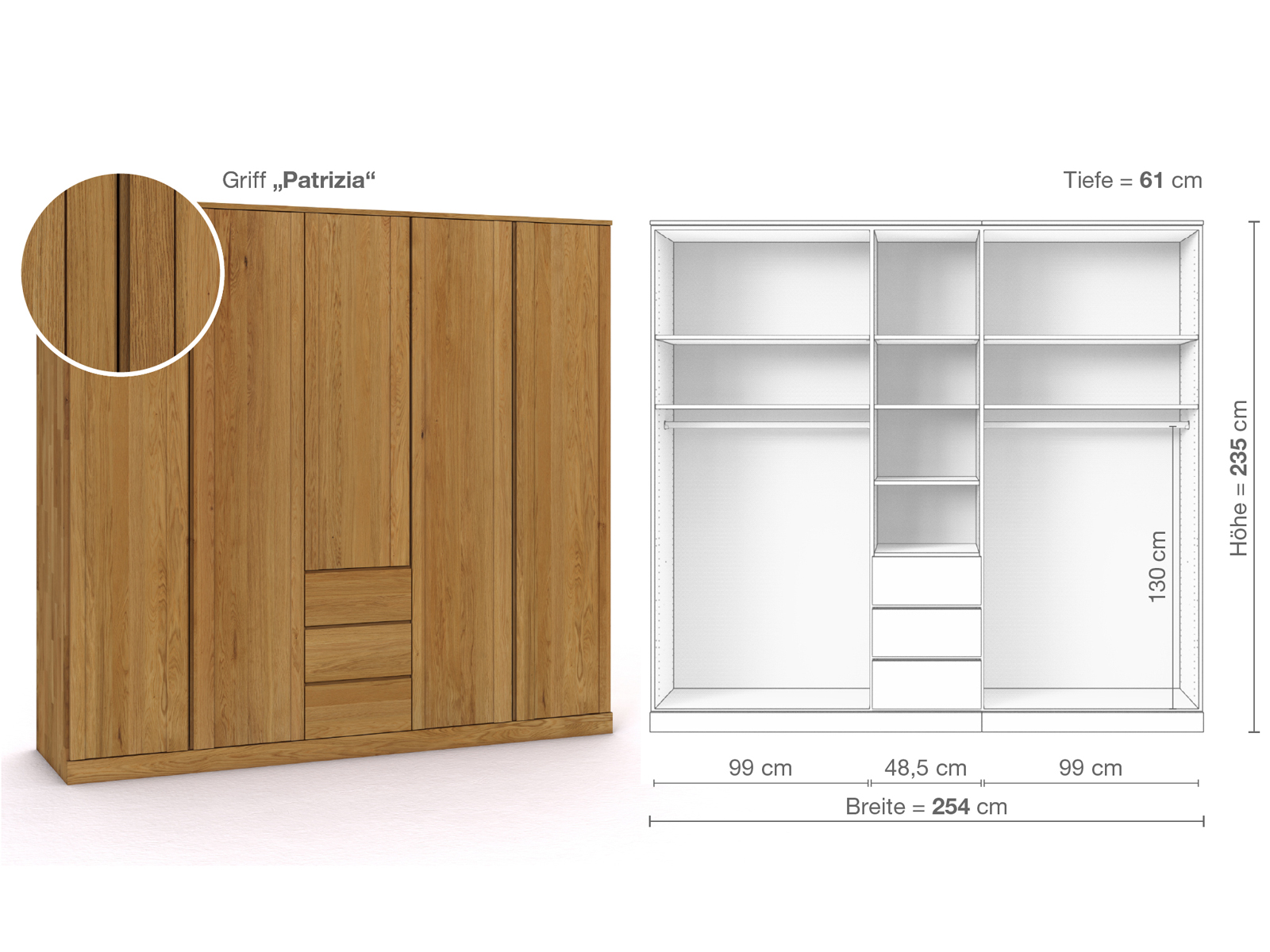 Eichenschrank „Arnika“, 5-türig, Höhe 235 cm, Griffausführung „Patrizia“, Inneneinrichtung E