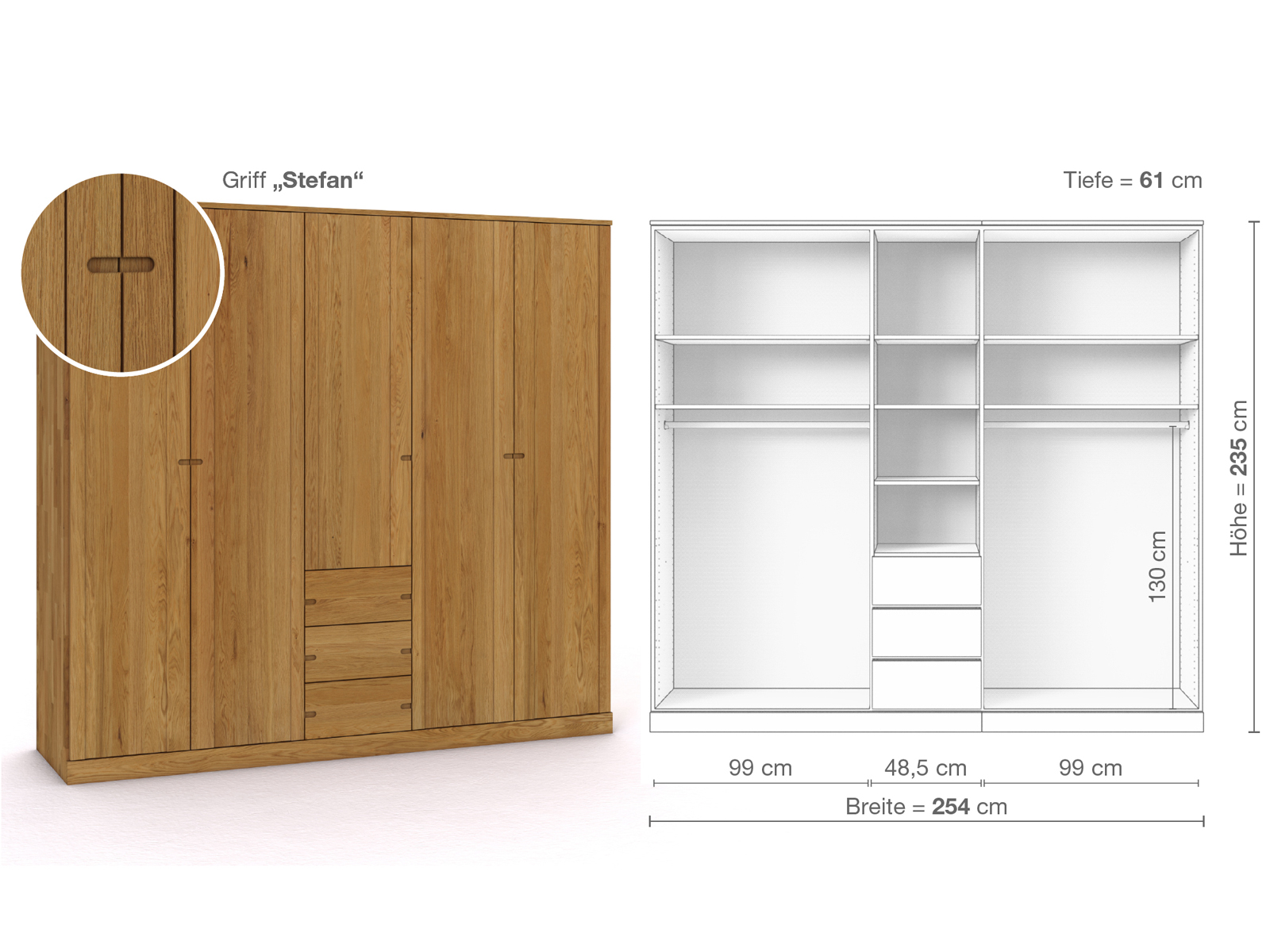 Eichenschrank „Arnika“, 5-türig, Höhe 235 cm, Griffausführung „Stefan“, Inneneinrichtung E