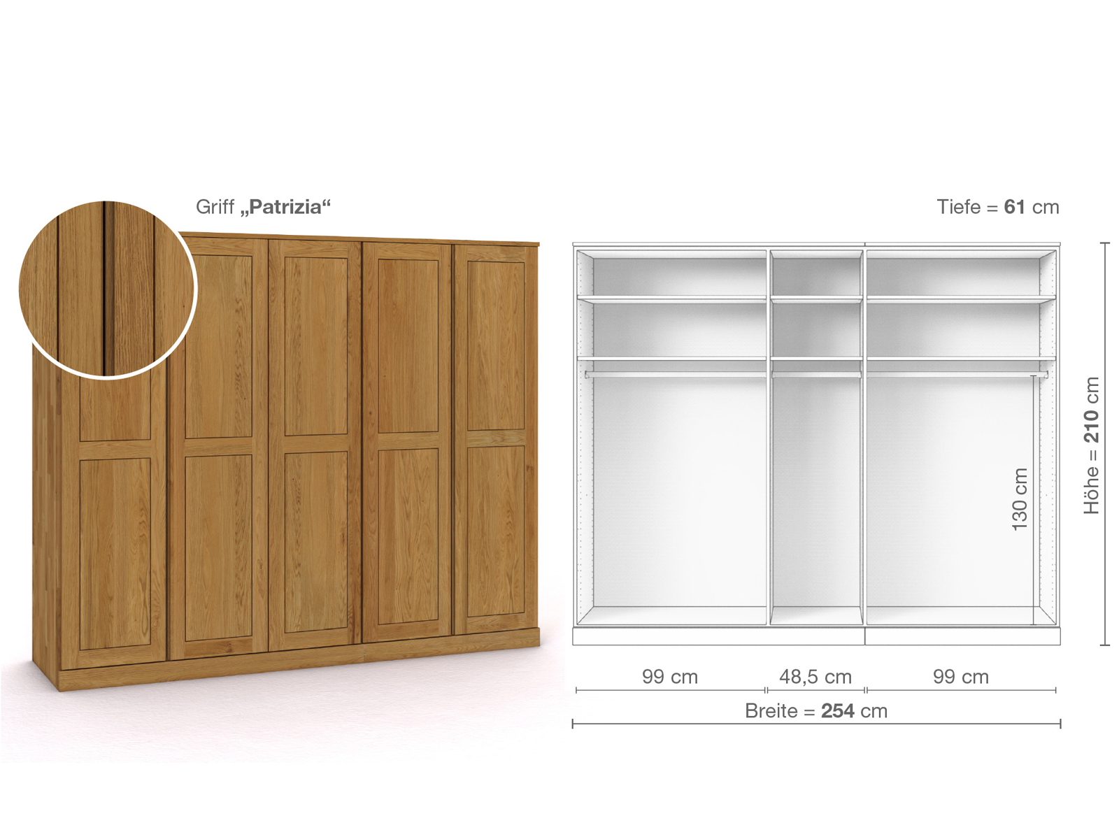 Eichenschrank „Edelweiß“, 5-türig, Höhe 210 cm, Griffausführung „Patrizia“, Inneneinrichtung A