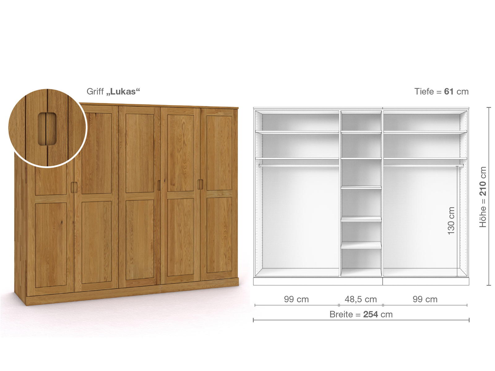 Eichenschrank „Edelweiß“, 5-türig, Höhe 210 cm, Griffausführung „Lukas“, Inneneinrichtung B