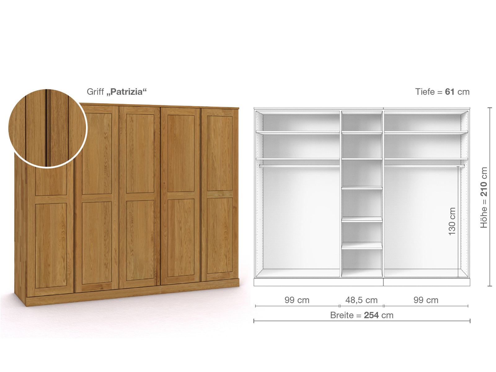 Eichenschrank „Edelweiß“, 5-türig, Höhe 210 cm, Griffausführung „Patrizia“, Inneneinrichtung B