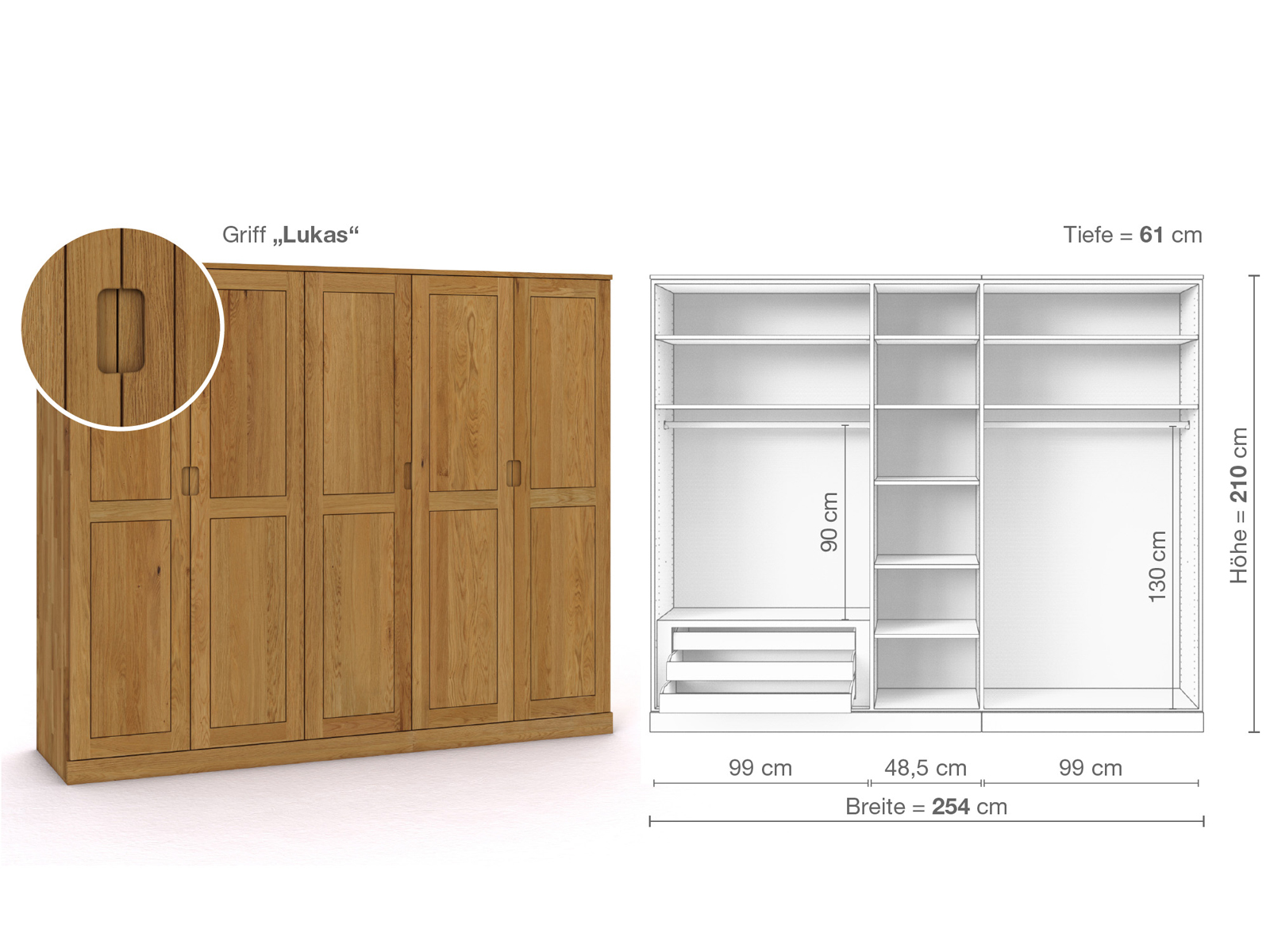 Eichenschrank „Edelweiß“, 5-türig, Höhe 210 cm, Griffausführung „Lukas“, Inneneinrichtung C