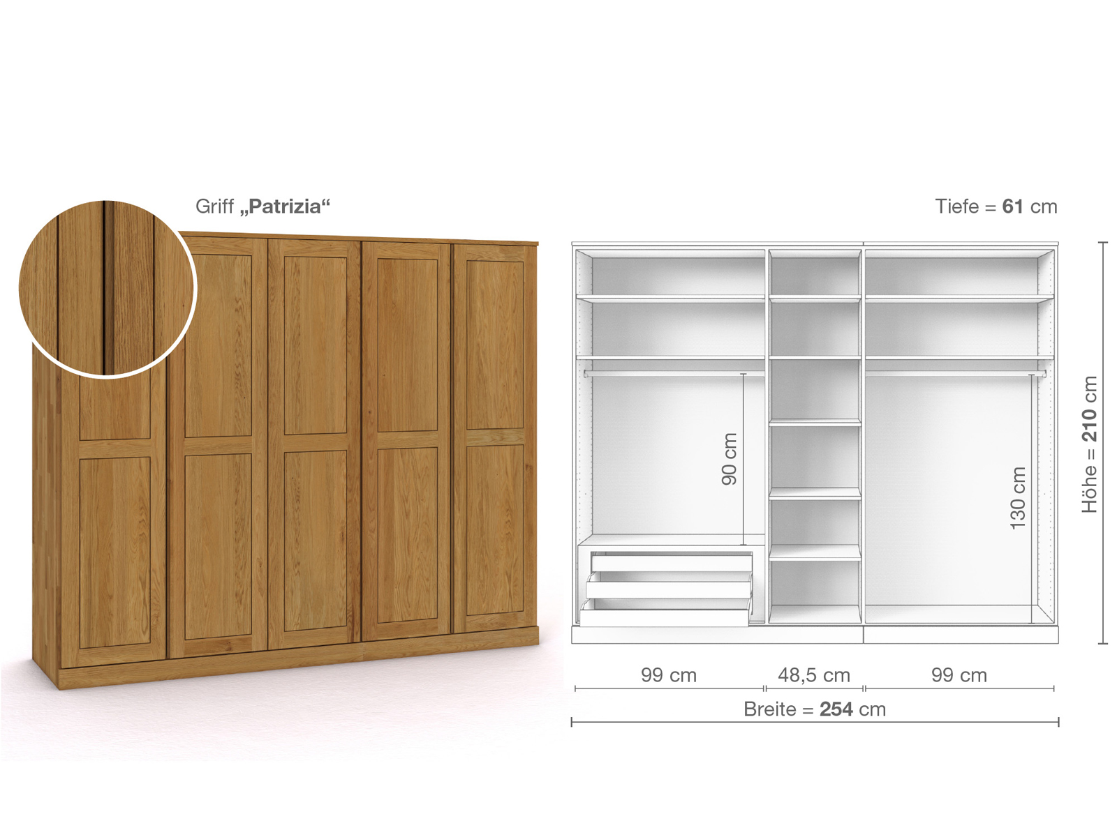 Eichenschrank „Edelweiß“, 5-türig, Höhe 210 cm, Griffausführung „Patrizia“, Inneneinrichtung C