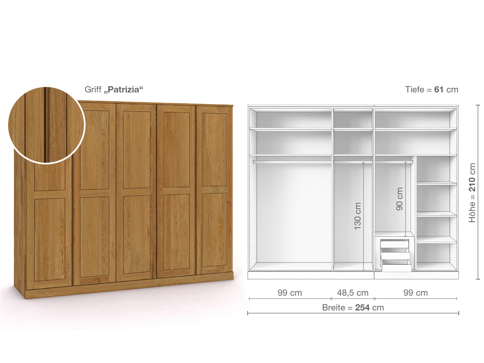 Eichenschrank „Edelweiß“, 5-türig, Höhe 210 cm, Griffausführung „Patrizia“, Inneneinrichtung D