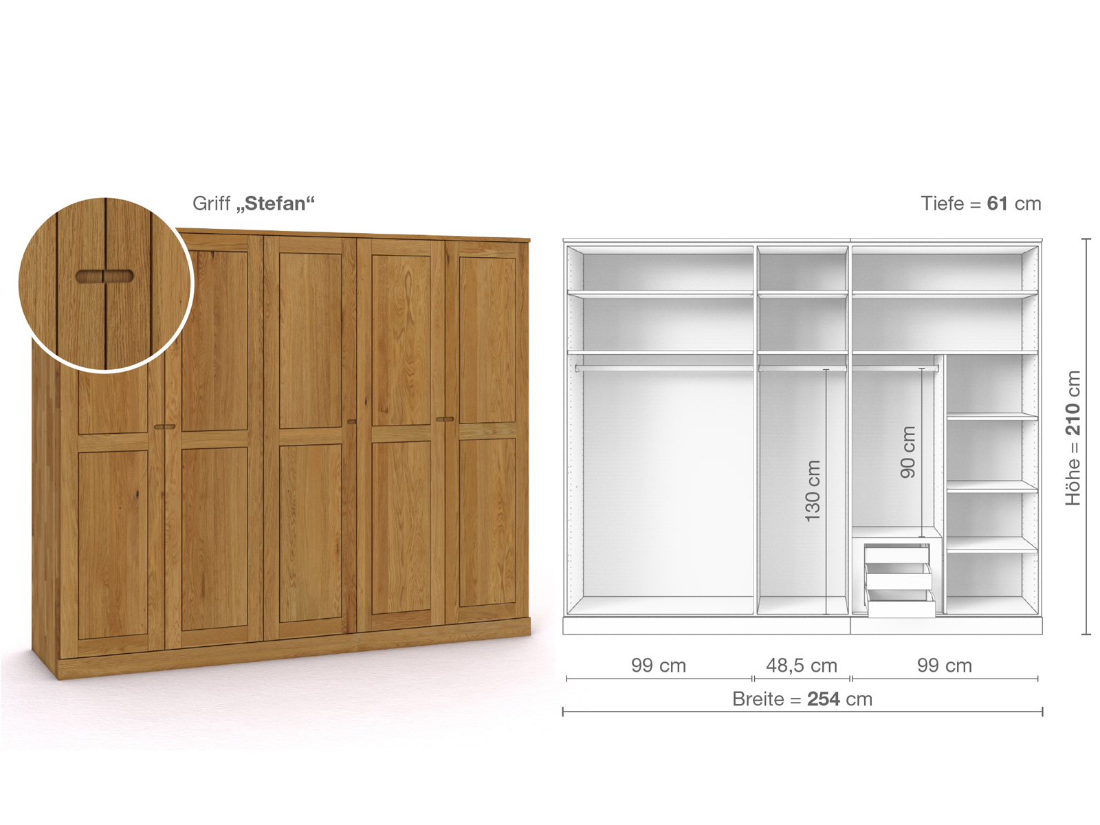 Eichenschrank „Edelweiß“, 5-türig, Höhe 210 cm, Griffausführung „Stefan“, Inneneinrichtung D