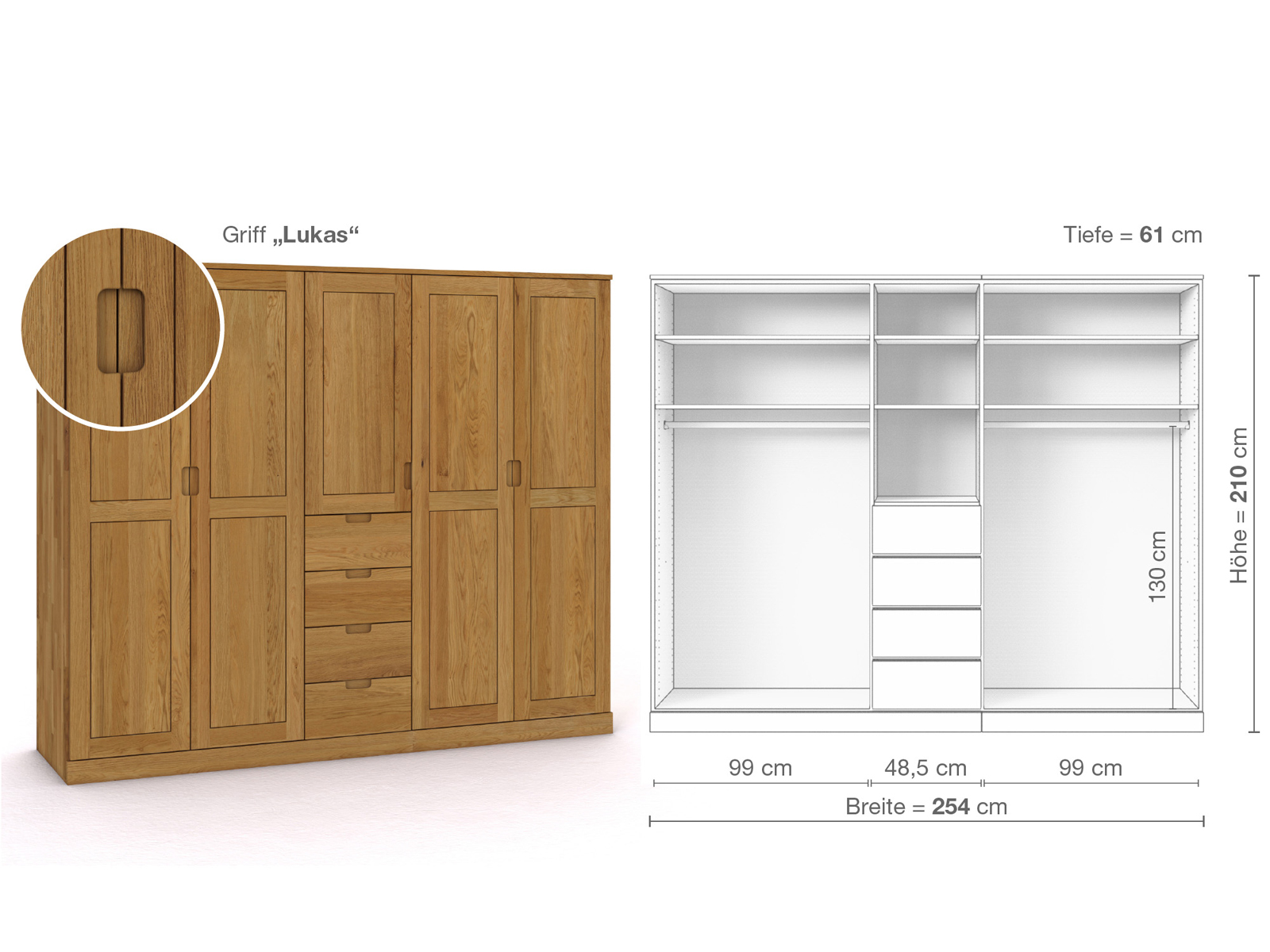 Eichenschrank „Edelweiß“, 5-türig, Höhe 210 cm, Griffausführung „Lukas“, Inneneinrichtung E