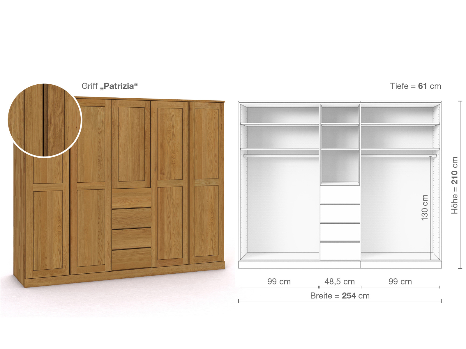 Eichenschrank „Edelweiß“, 5-türig, Höhe 210 cm, Griffausführung „Patrizia“, Inneneinrichtung E