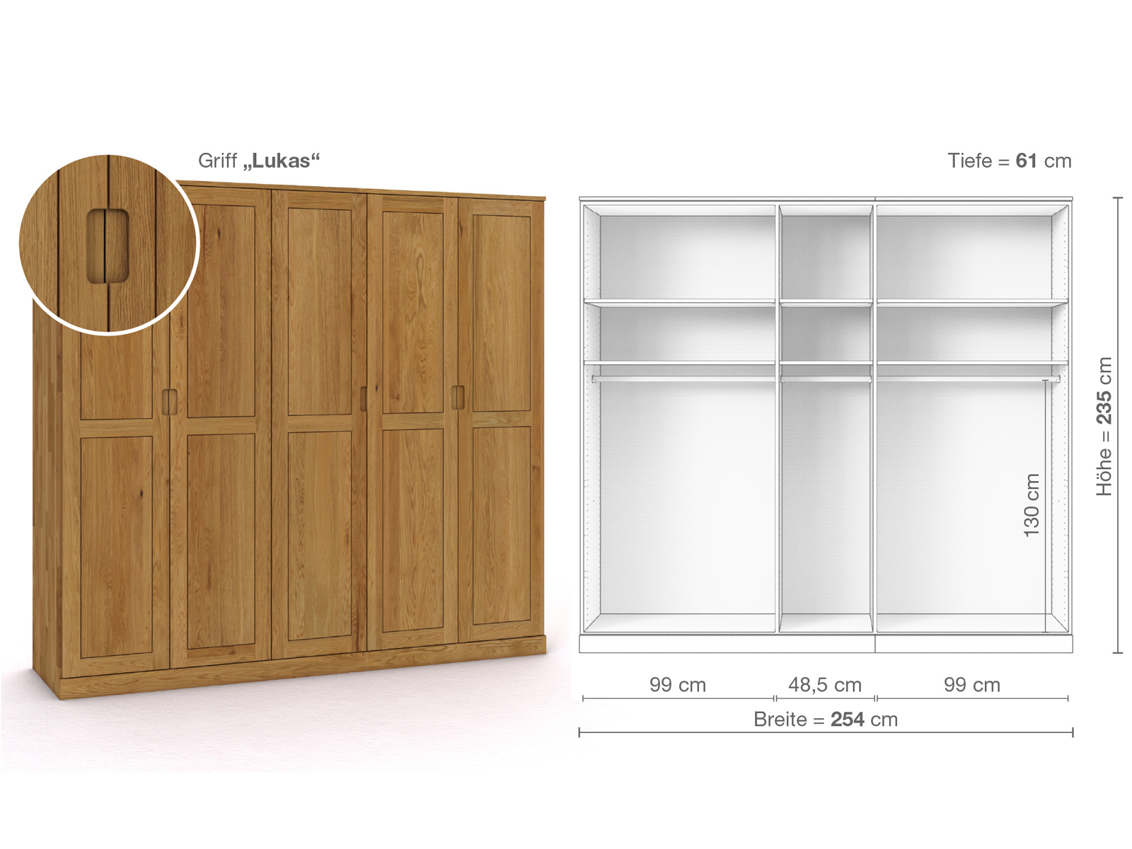 Eichenschrank „Edelweiß“, 5-türig, Höhe 235 cm, Griffausführung „Lukas“, Inneneinrichtung A