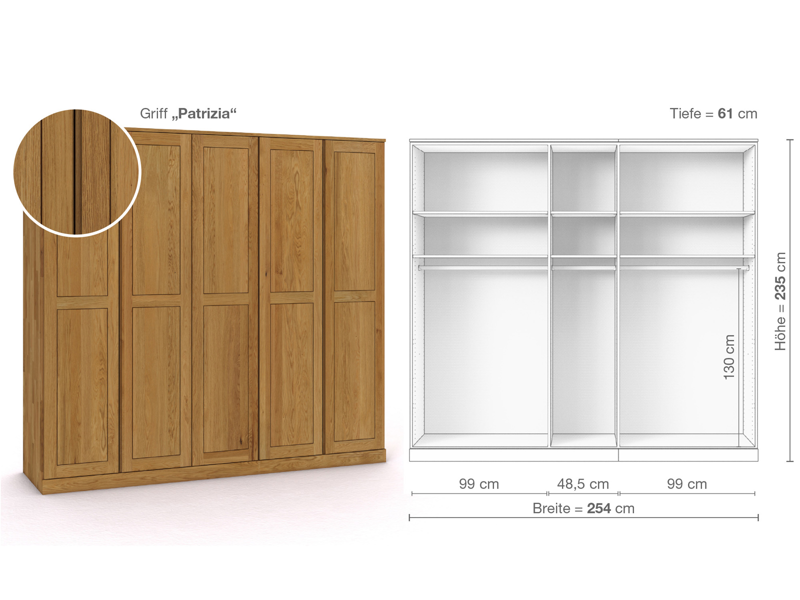 Eichenschrank „Edelweiß“, 5-türig, Höhe 235 cm, Griffausführung „Patrizia“, Inneneinrichtung A