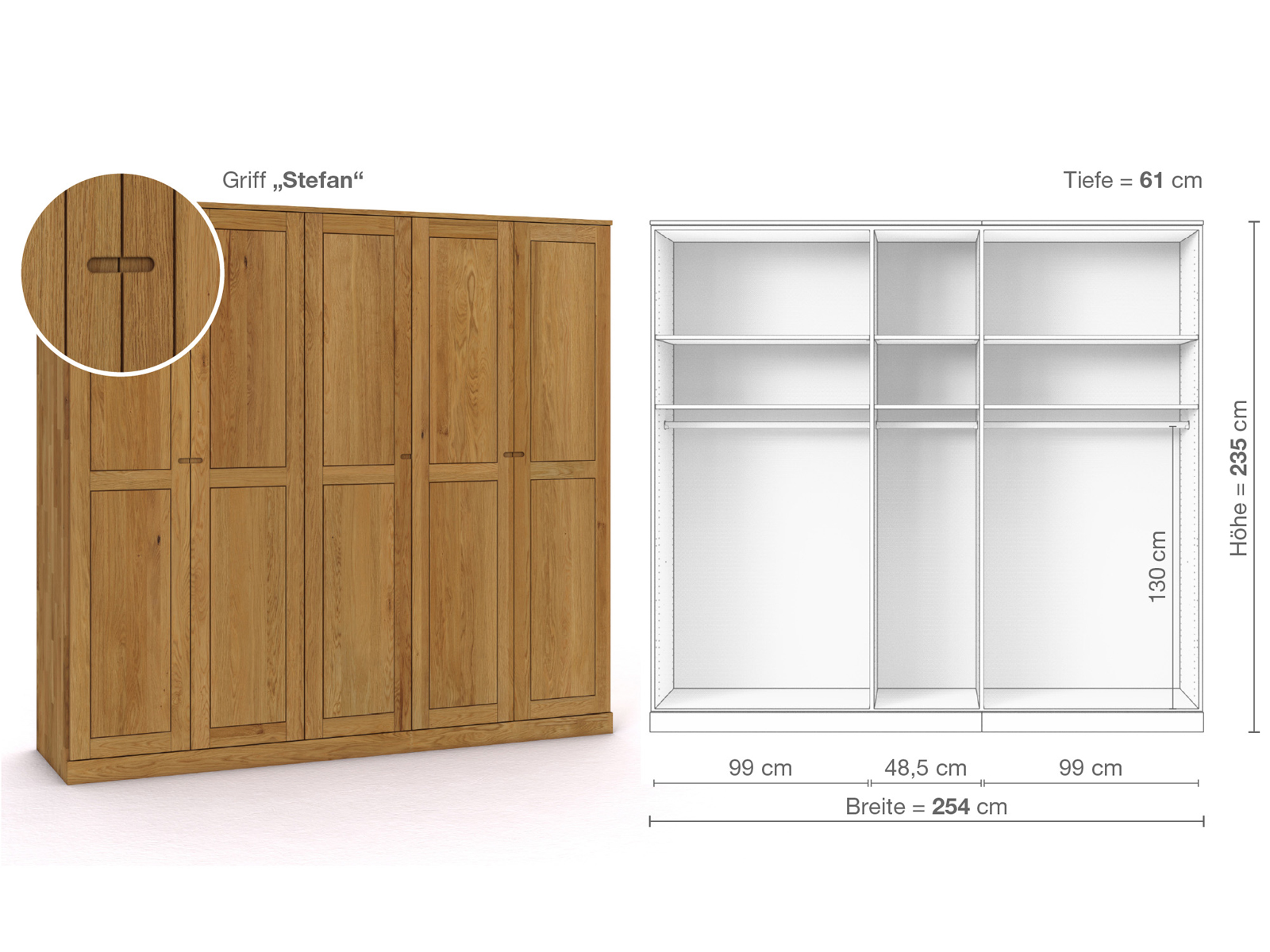 Eichenschrank „Edelweiß“, 5-türig, Höhe 235 cm, Griffausführung „Stefan“, Inneneinrichtung A