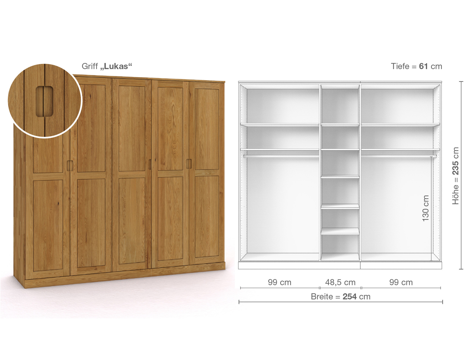 Eichenschrank „Edelweiß“, 5-türig, Höhe 235 cm, Griffausführung „Lukas“, Inneneinrichtung B