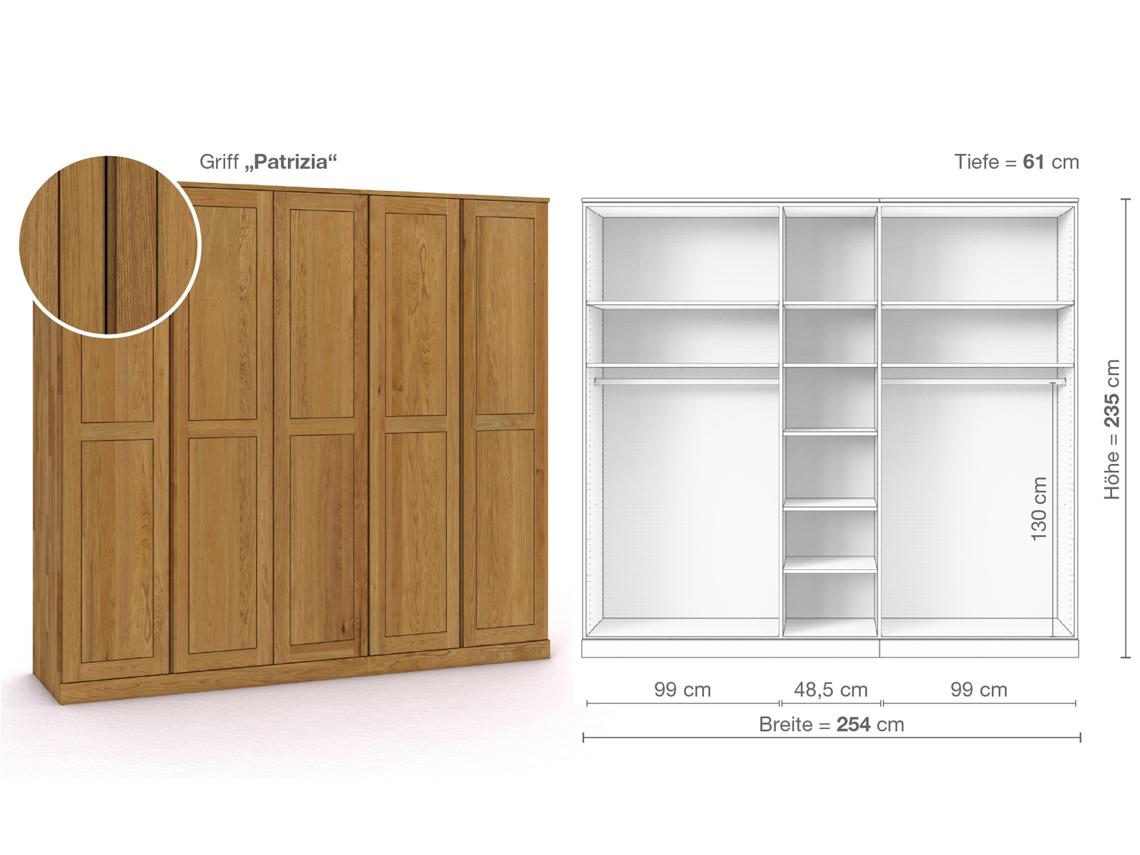 Eichenschrank „Edelweiß“, 5-türig, Höhe 235 cm, Griffausführung „Patrizia“, Inneneinrichtung B