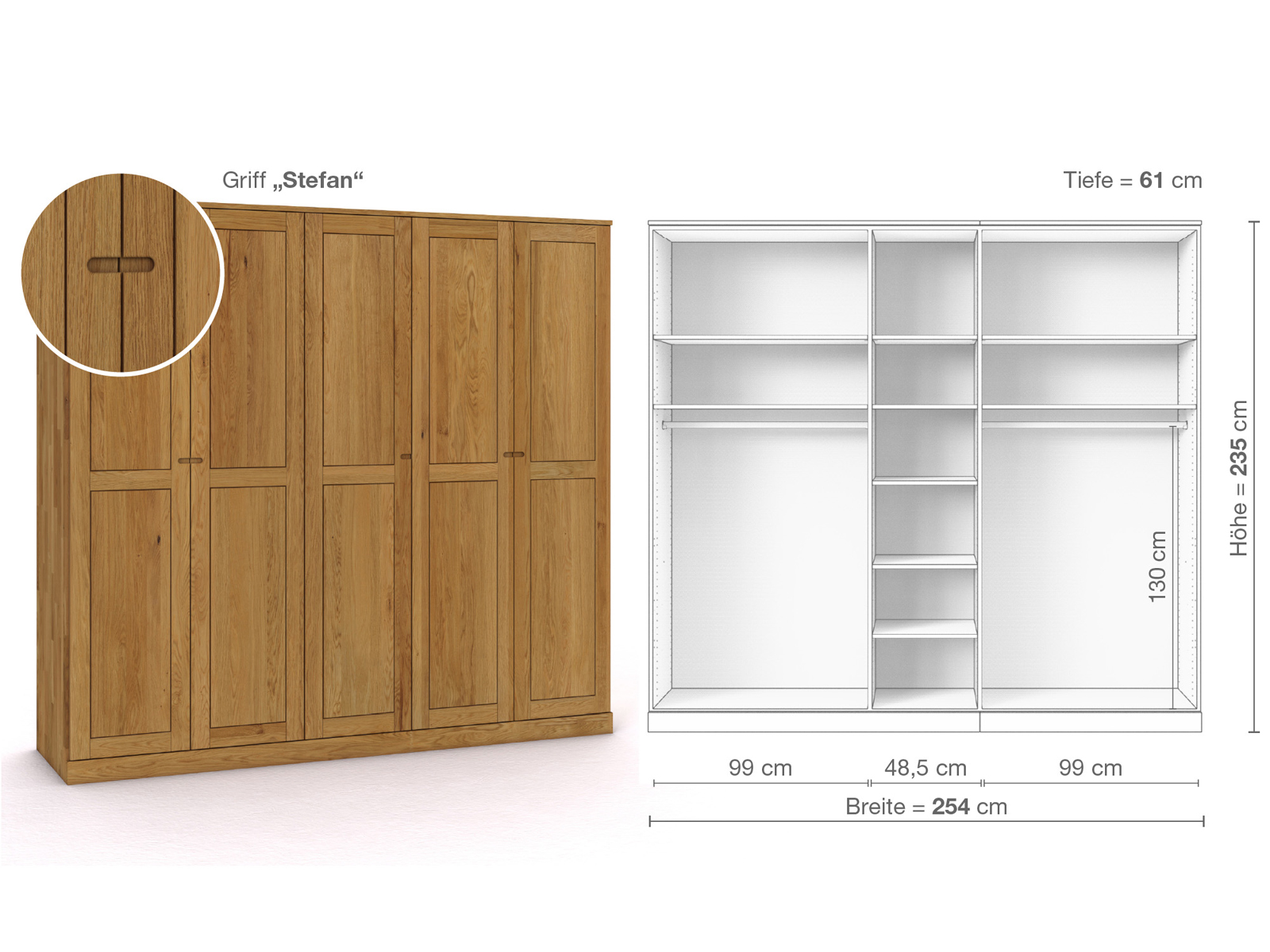 Eichenschrank „Edelweiß“, 5-türig, Höhe 235 cm, Griffausführung „Stefan“, Inneneinrichtung B