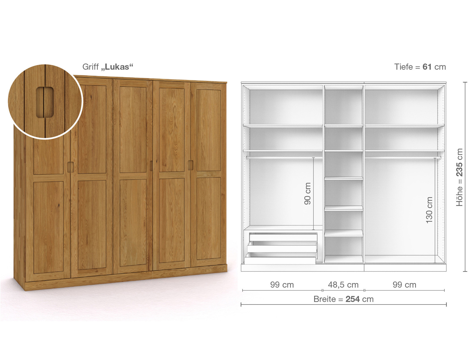 Eichenschrank „Edelweiß“, 5-türig, Höhe 235 cm, Griffausführung „Lukas“, Inneneinrichtung C