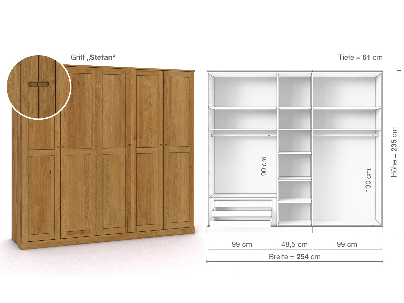 Eichenschrank „Edelweiß“, 5-türig, Höhe 235 cm, Griffausführung „Stefan“, Inneneinrichtung C