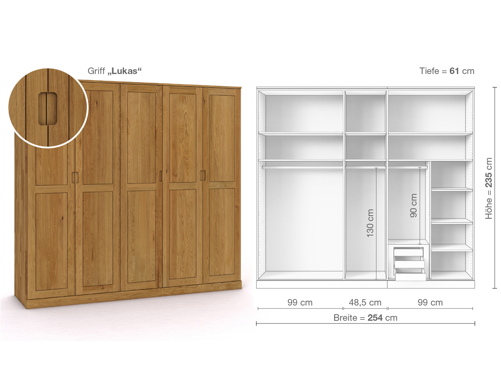 Eichenschrank „Edelweiß“, 5-türig, Höhe 235 cm, Griffausführung „Lukas“, Inneneinrichtung D