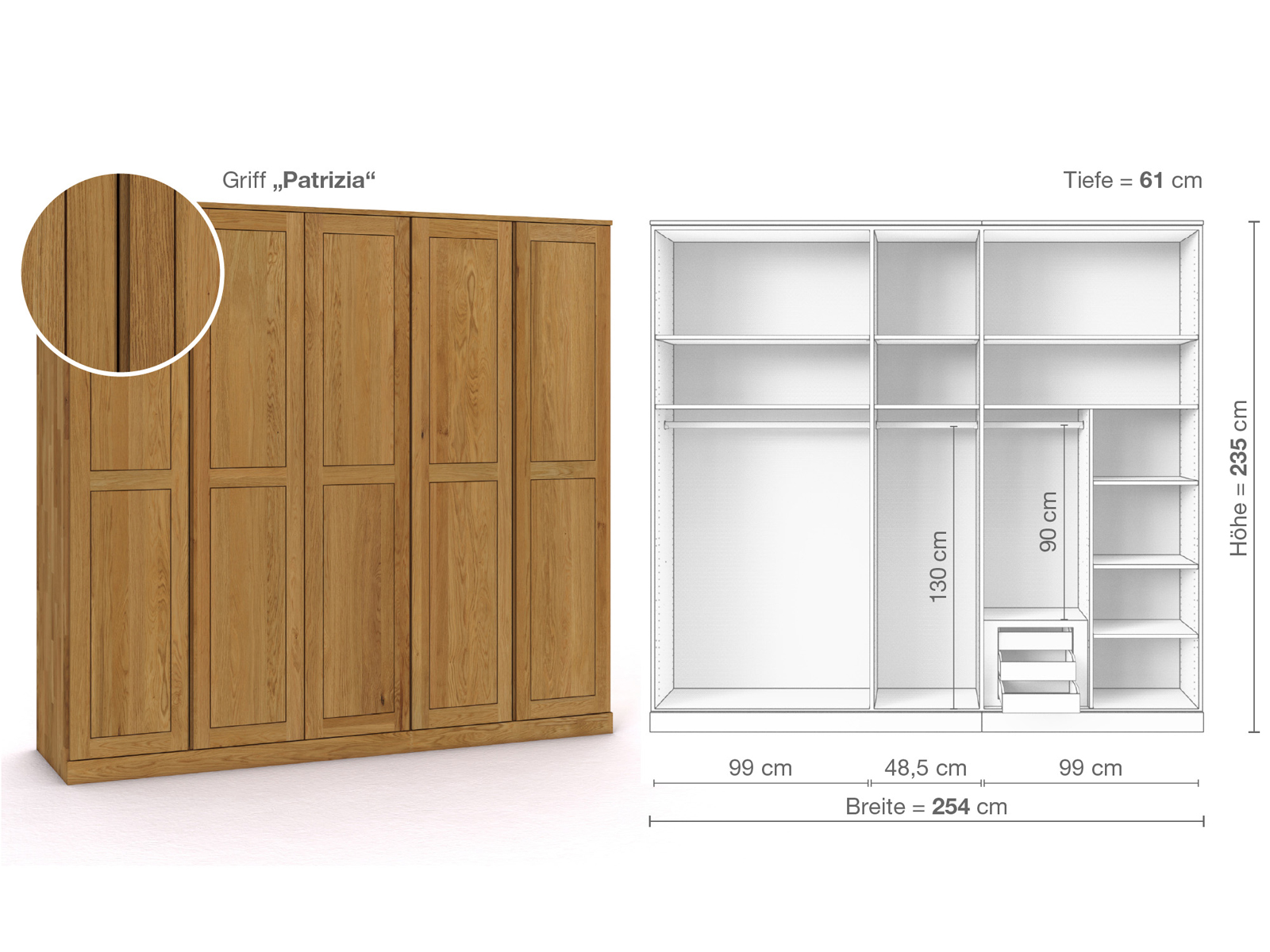 Eichenschrank „Edelweiß“, 5-türig, Höhe 235 cm, Griffausführung „Patrizia“, Inneneinrichtung D