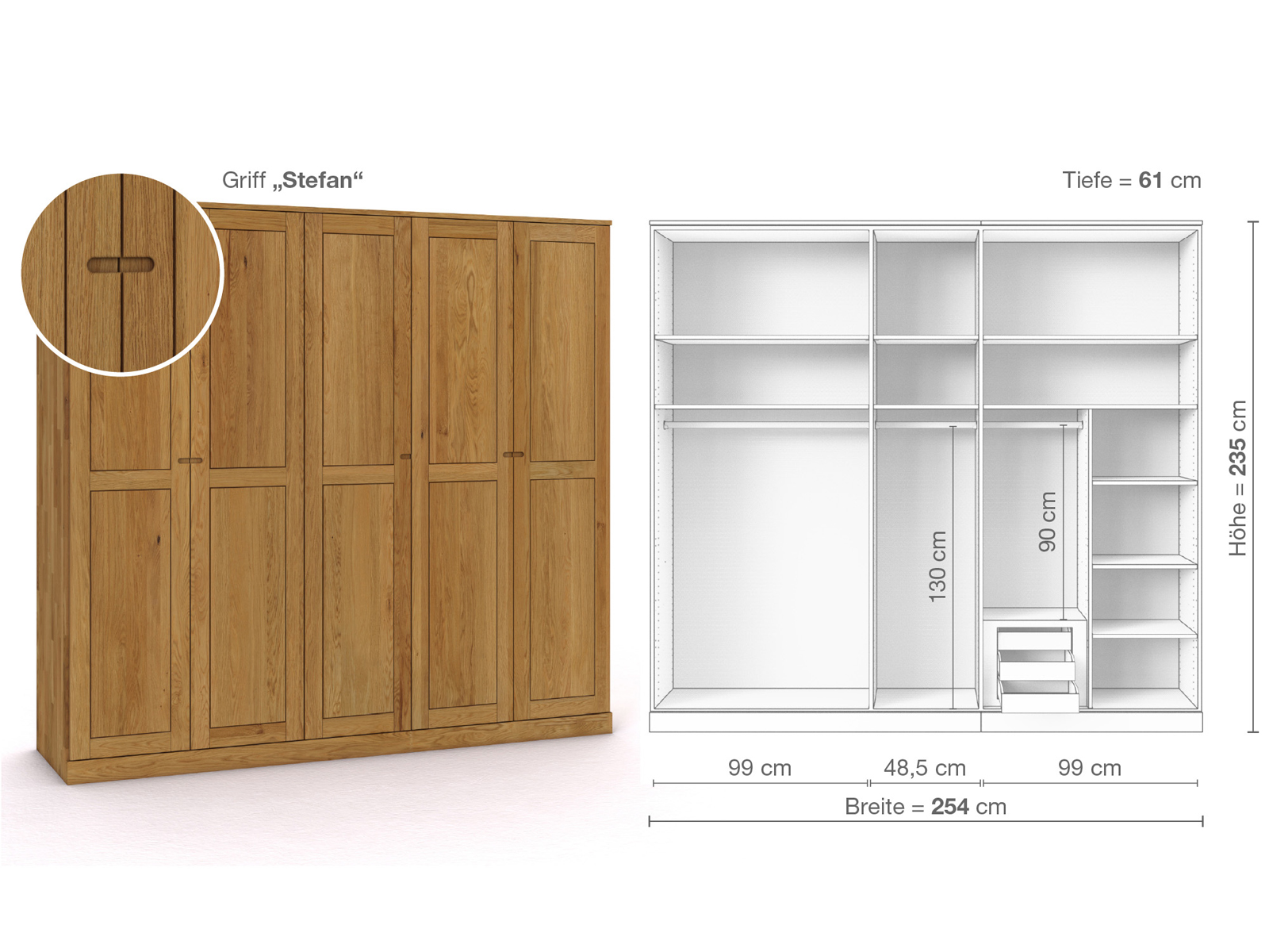 Eichenschrank „Edelweiß“, 5-türig, Höhe 235 cm, Griffausführung „Stefan“, Inneneinrichtung D