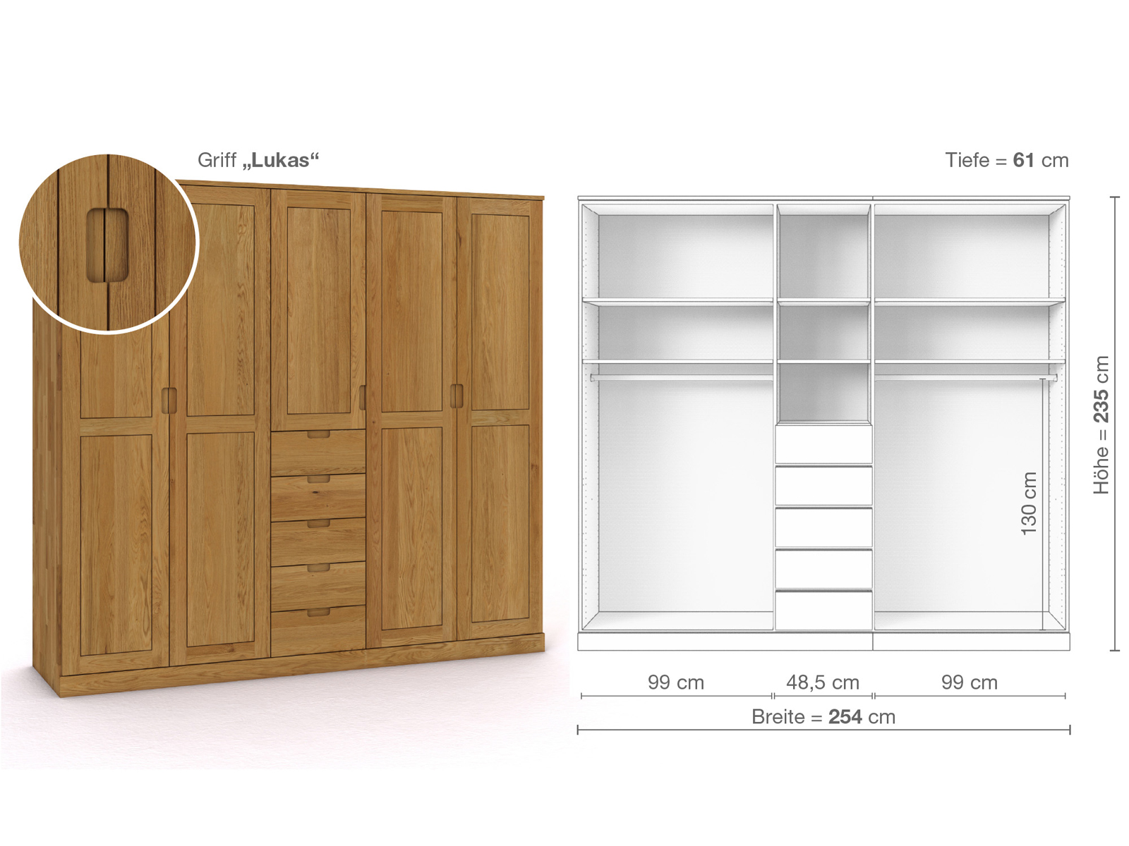 Eichenschrank „Edelweiß“, 5-türig, Höhe 235 cm, Griffausführung „Lukas“, Inneneinrichtung E