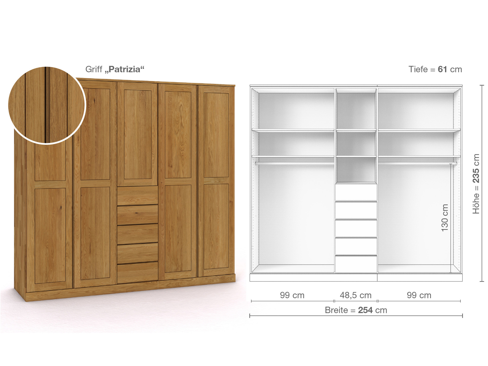 Eichenschrank „Edelweiß“, 5-türig, Höhe 235 cm, Griffausführung „Patrizia“, Inneneinrichtung E