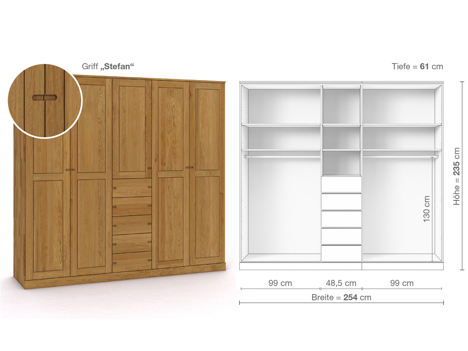 Eichenschrank „Edelweiß“, 5-türig, Höhe 235 cm, Griffausführung „Stefan“, Inneneinrichtung E