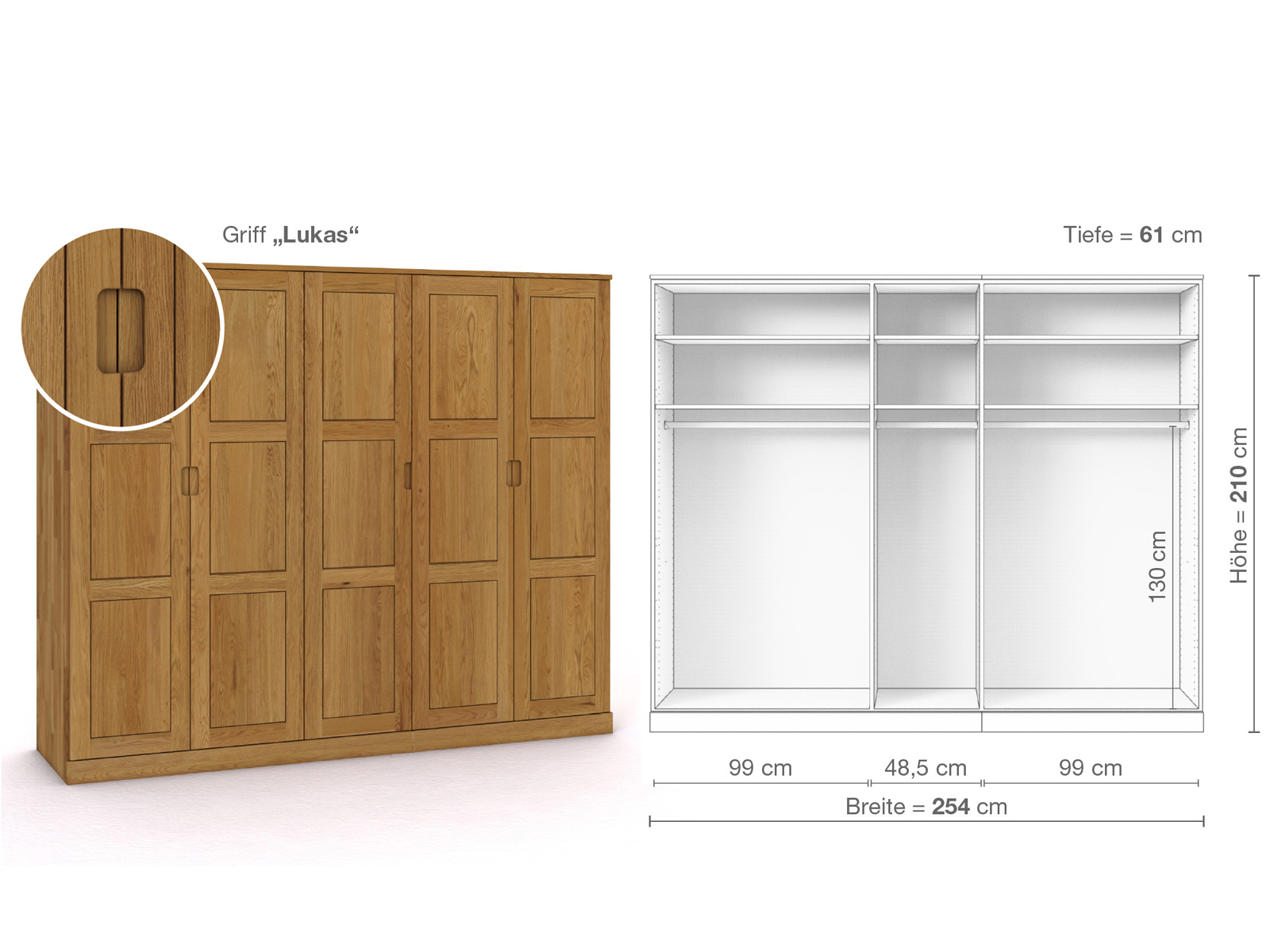 Eichenschrank „Enzian“, 5-türig, Höhe 210 cm, Griffausführung „Lukas“, Inneneinrichtung A