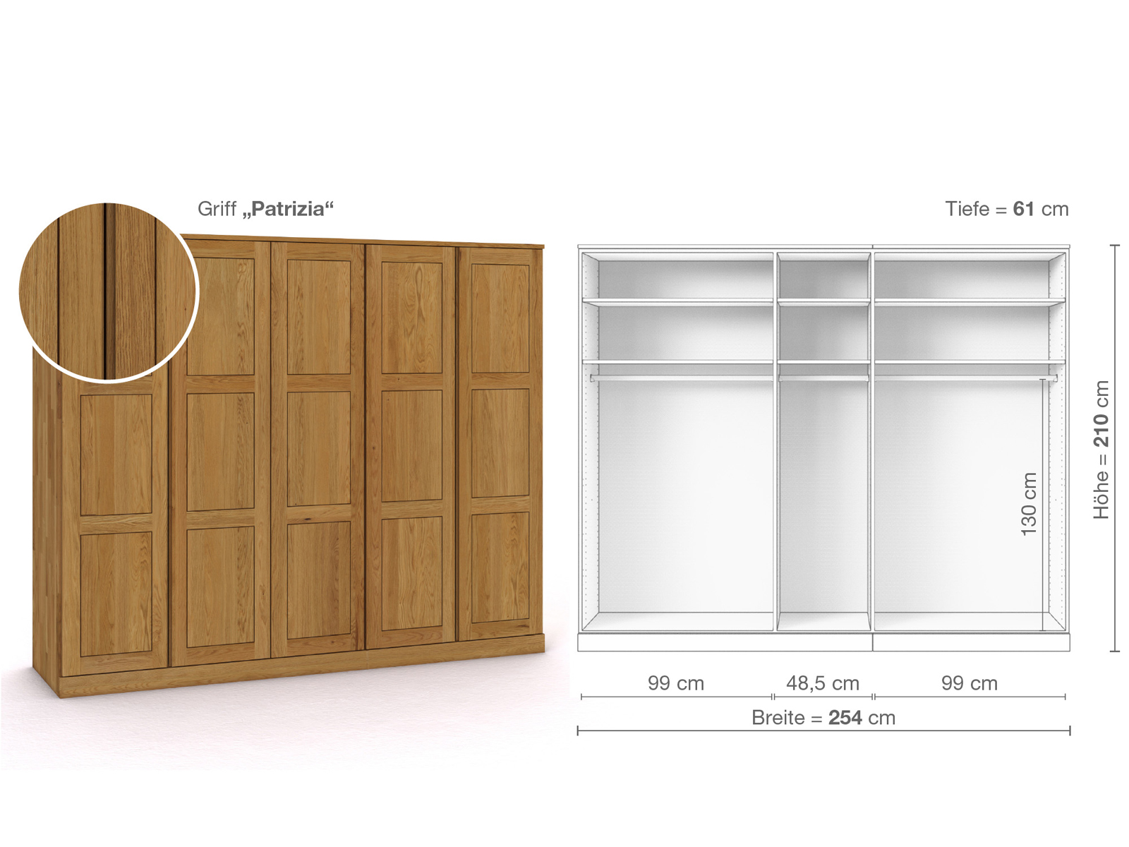 Eichenschrank „Enzian“, 5-türig, Höhe 210 cm, Griffausführung „Patrizia“, Inneneinrichtung A