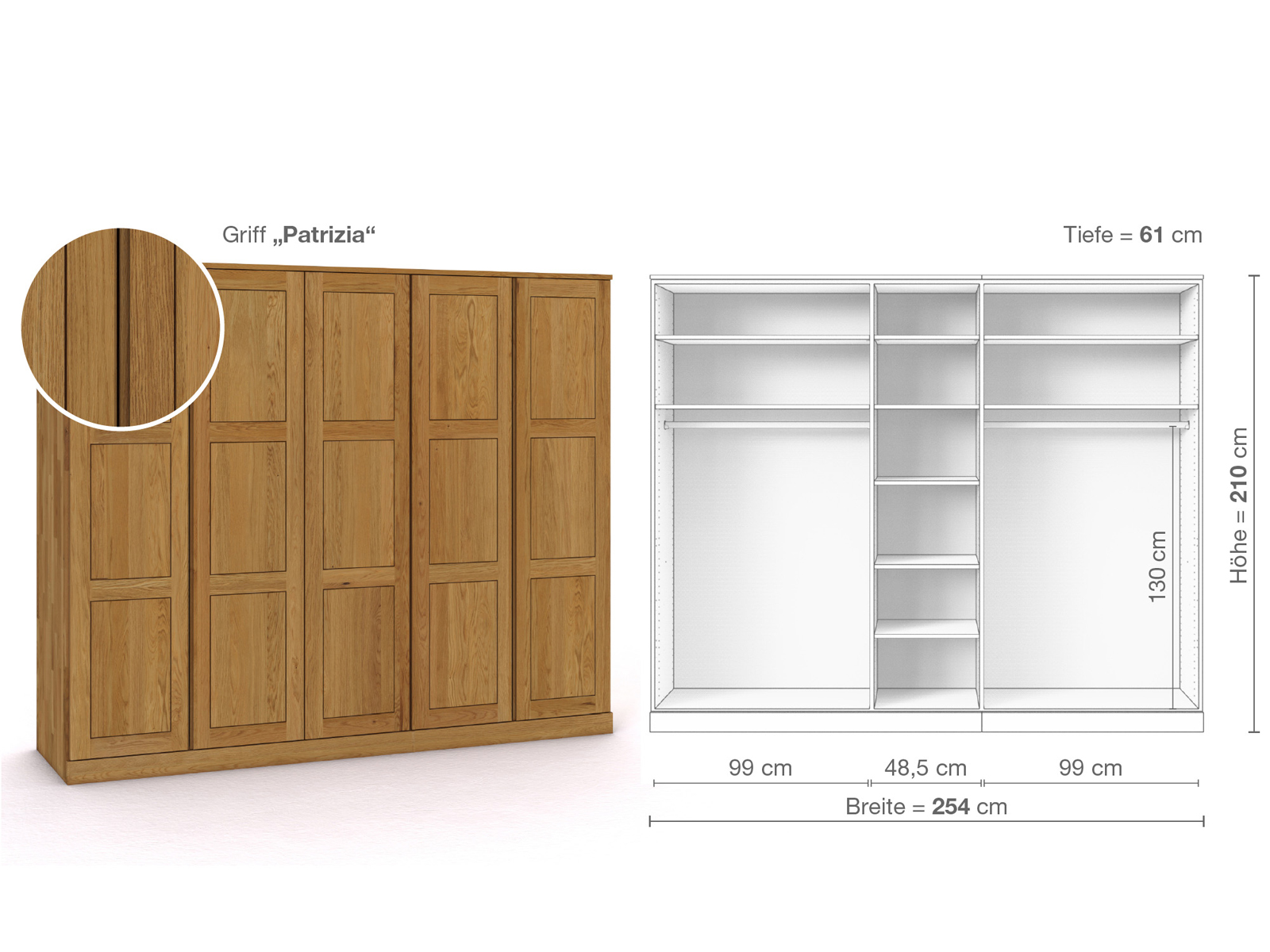 Eichenschrank „Enzian“, 5-türig, Höhe 210 cm, Griffausführung „Patrizia“, Inneneinrichtung B