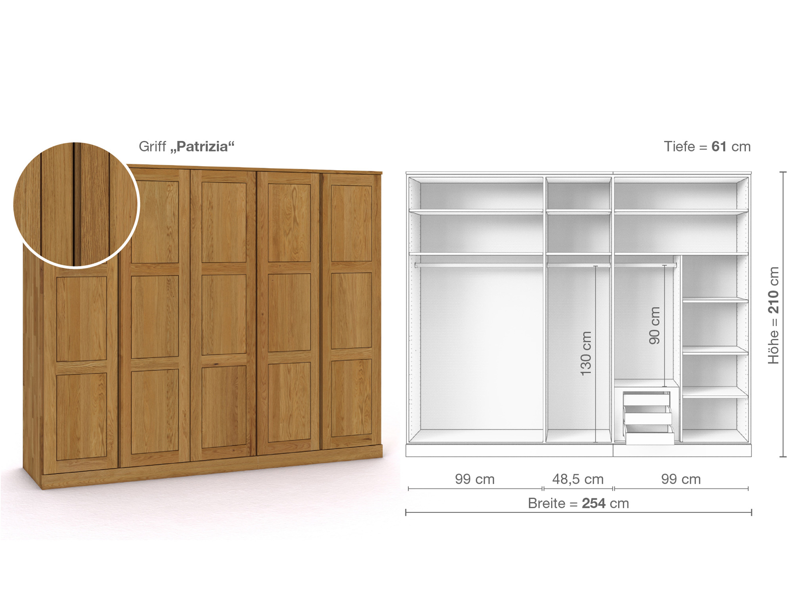 Eichenschrank „Enzian“, 5-türig, Höhe 210 cm, Griffausführung „Patrizia“, Inneneinrichtung D